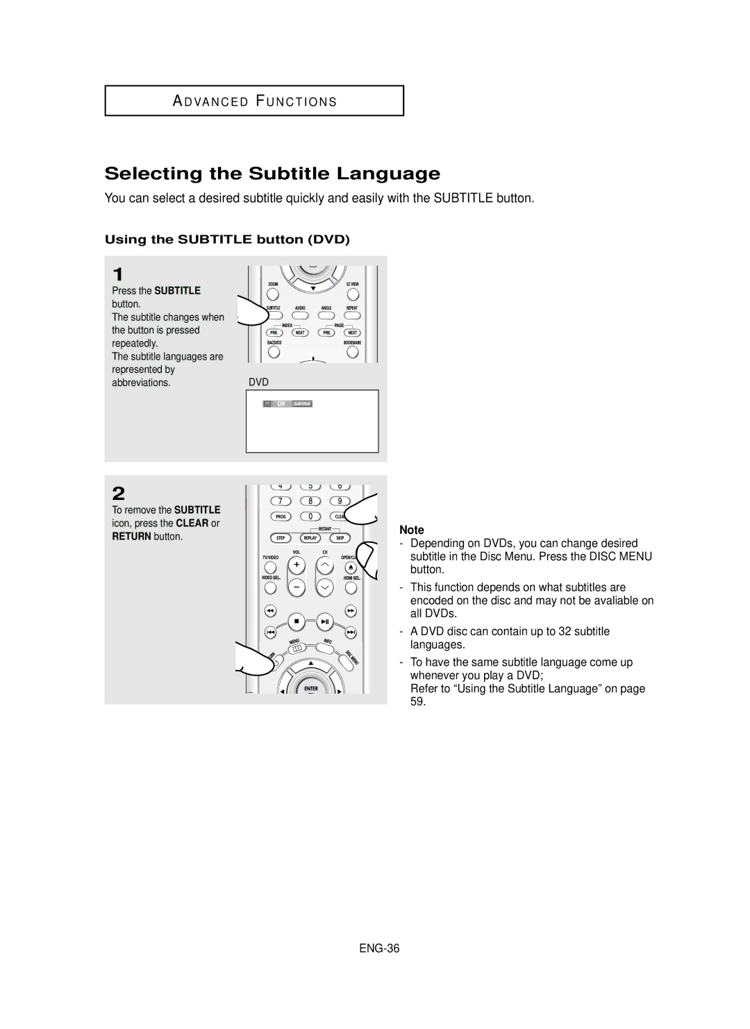 Samsung HD950 manual Selecting the Subtitle Language, Using the Subtitle button DVD 