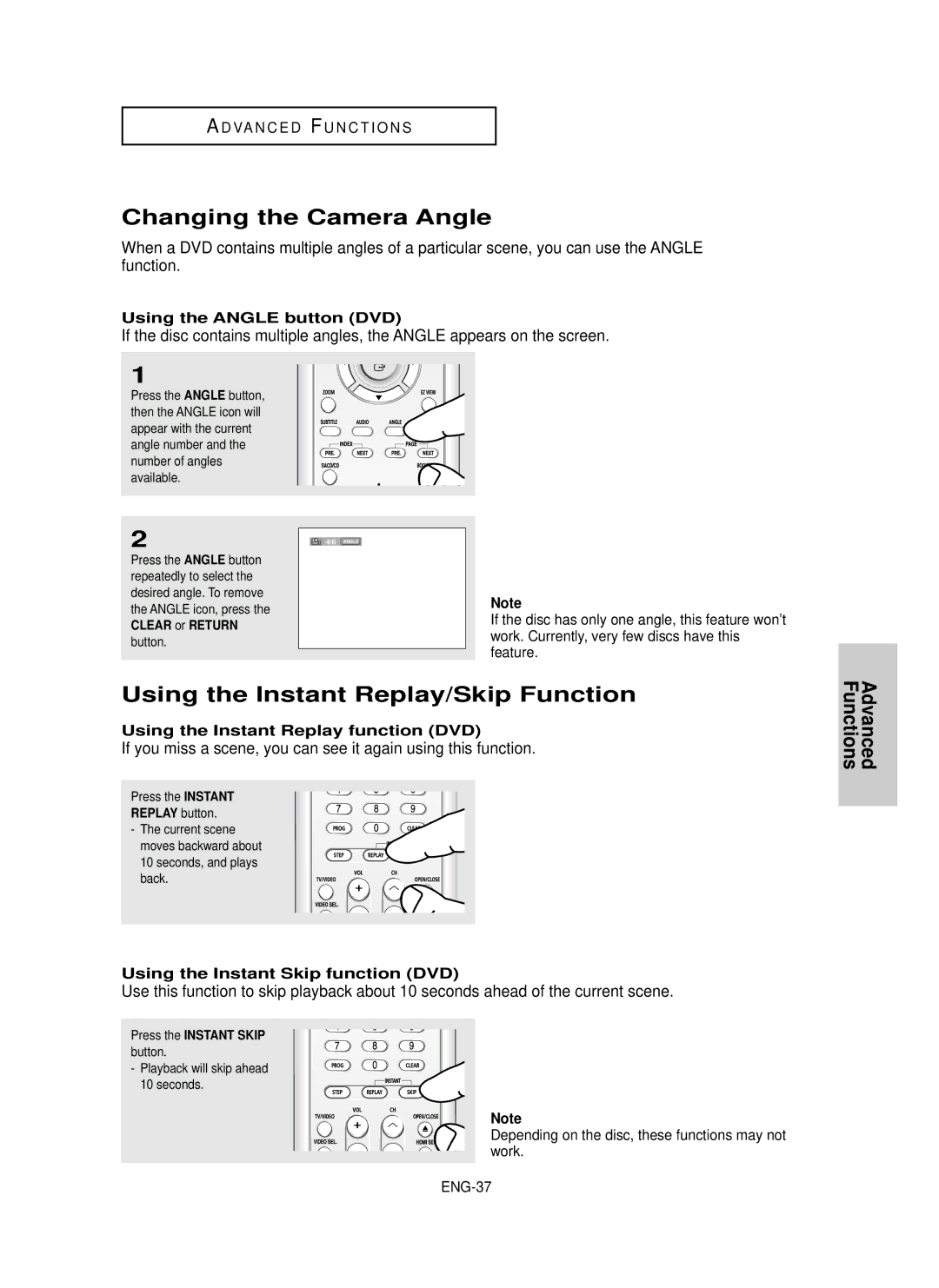 Samsung HD950 manual Changing the Camera Angle, Using the Instant Replay/Skip Function, Using the Angle button DVD 