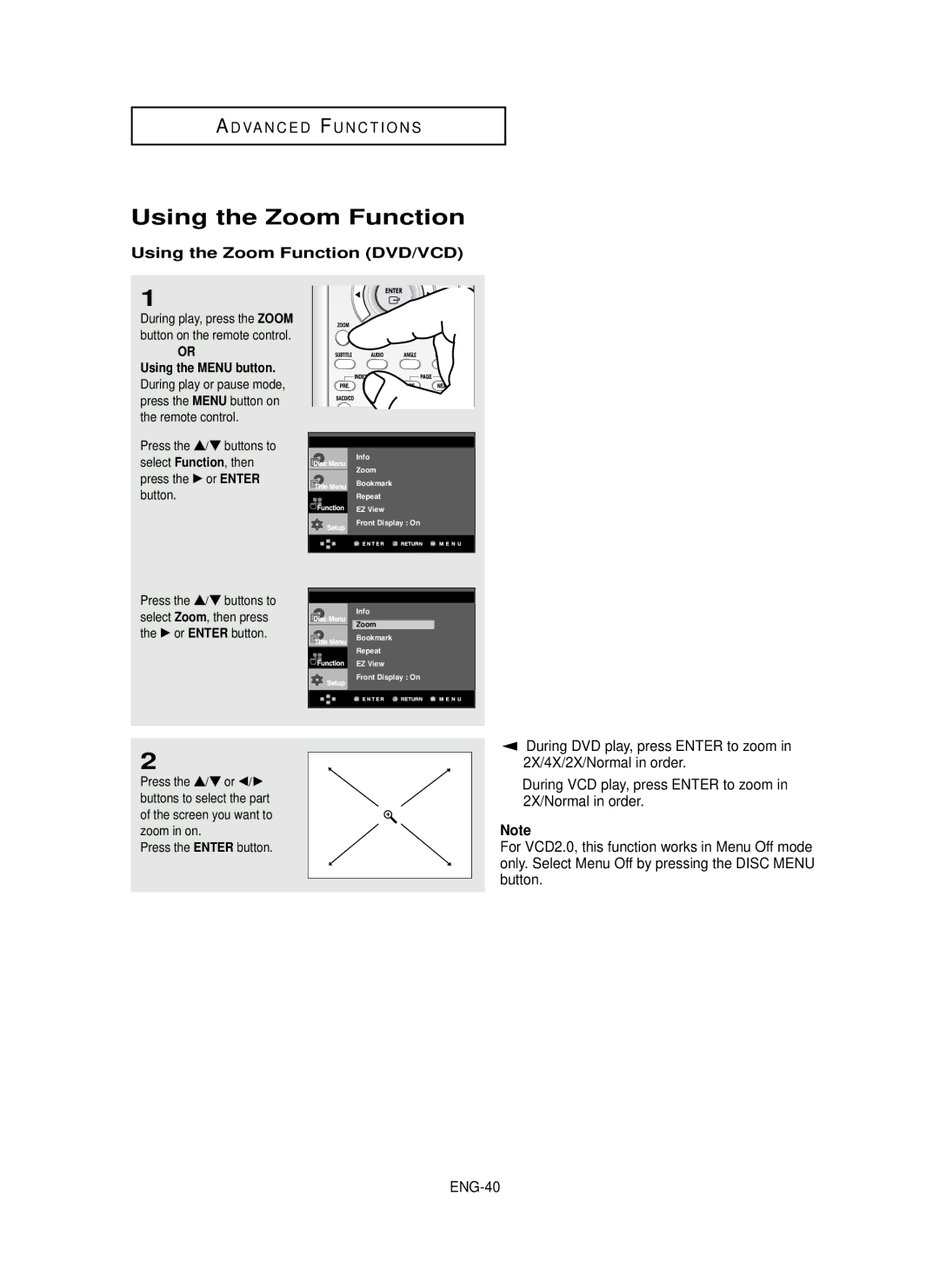 Samsung HD950 manual Using the Zoom Function DVD/VCD, 2X/4X/2X/Normal in order, ENG-40 