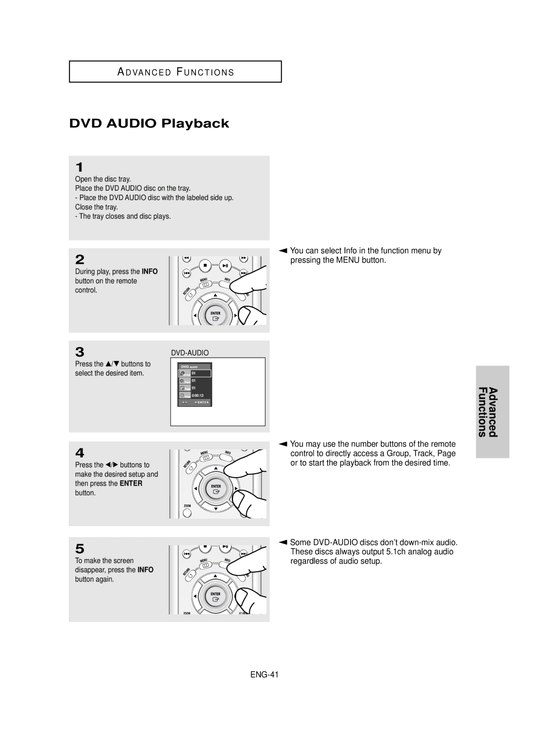 Samsung HD950 manual DVD Audio Playback, ENG-41, Open the disc tray Place the DVD Audio disc on the tray 