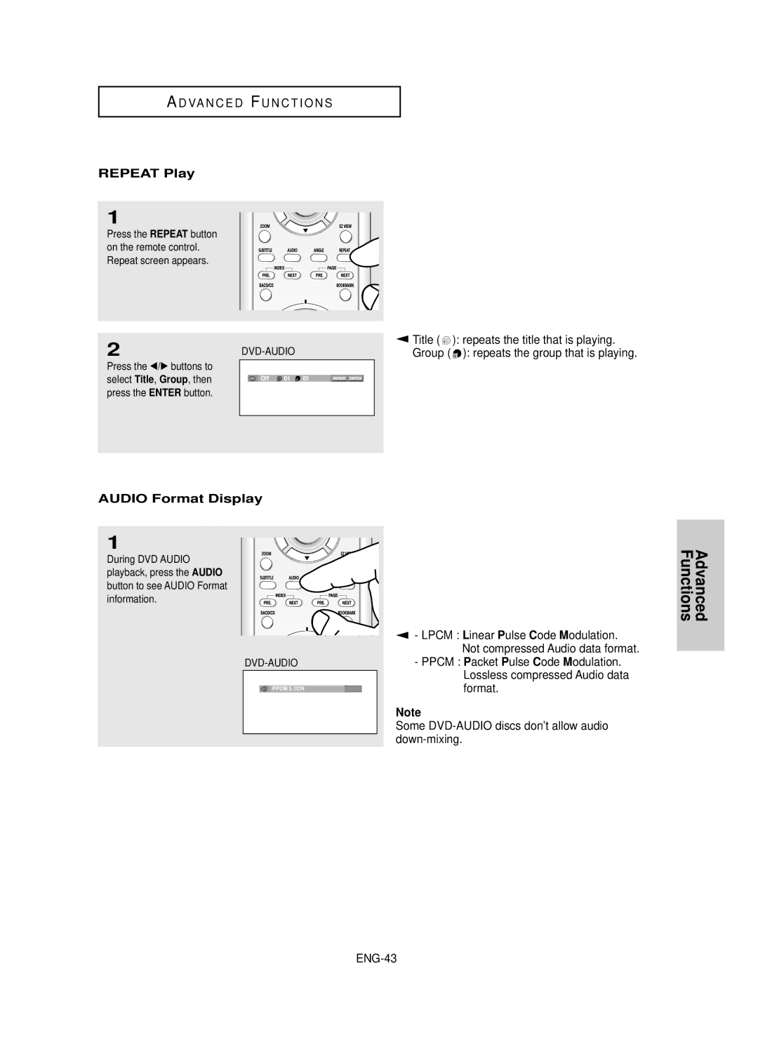 Samsung HD950 manual Repeat Play, Audio Format Display, ENG-43, Title , Group , then 