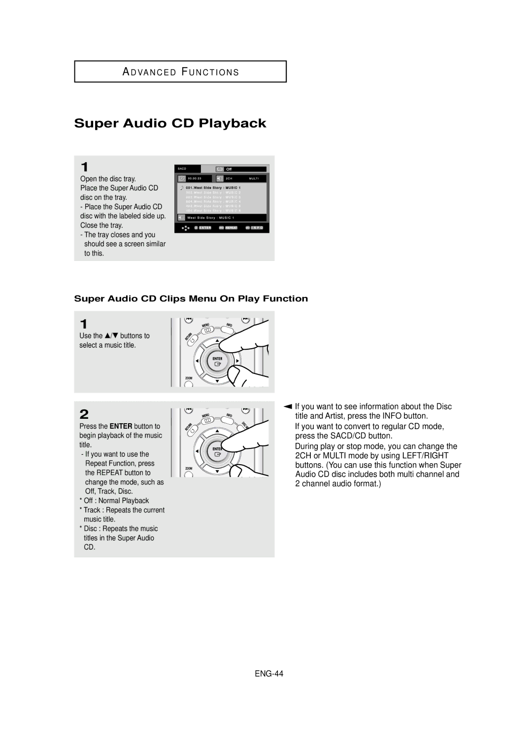 Samsung HD950 manual Super Audio CD Playback, Super Audio CD Clips Menu On Play Function, ENG-44, Off Normal Playback 