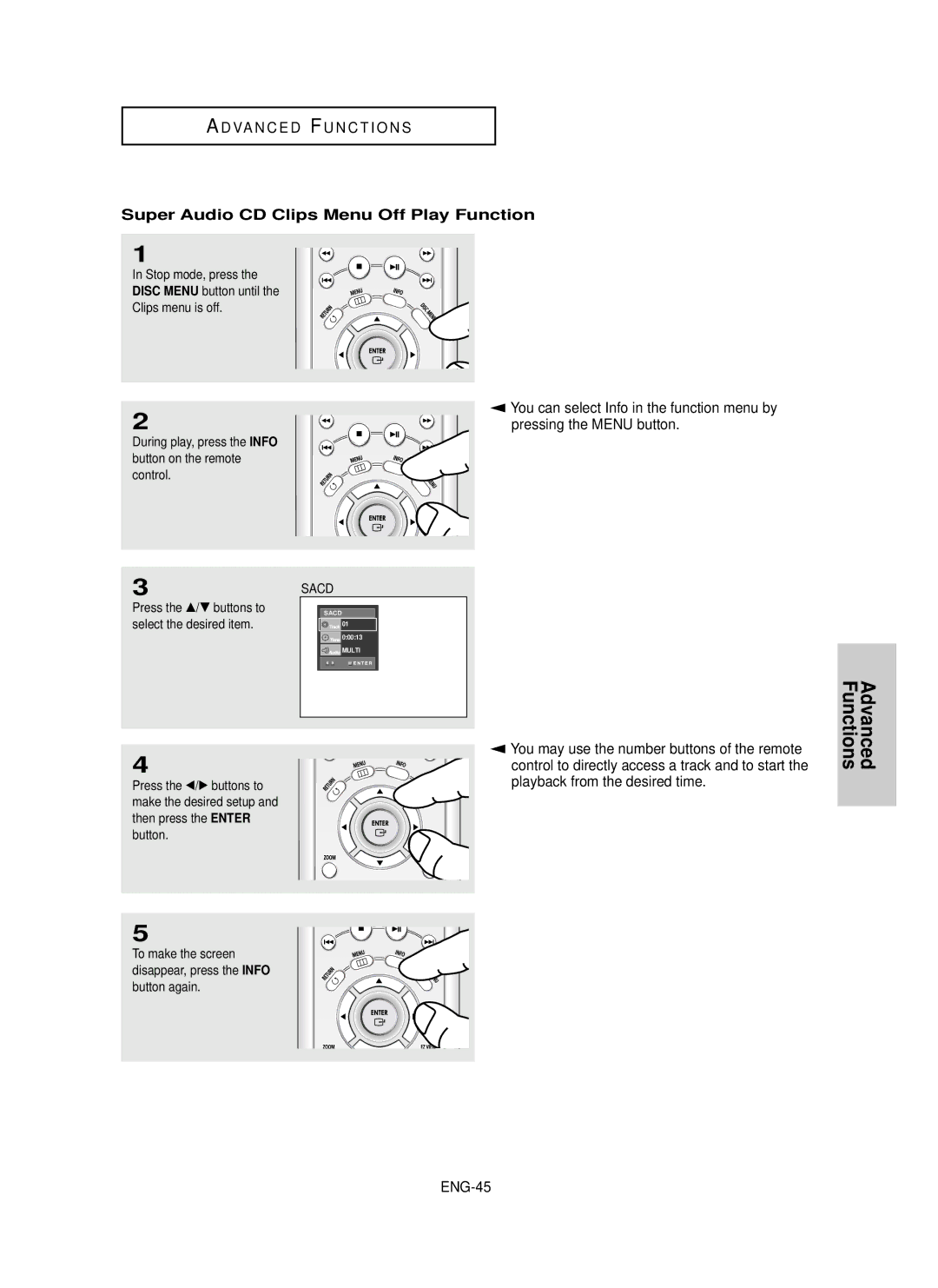 Samsung HD950 manual Super Audio CD Clips Menu Off Play Function, ENG-45, …/† buttons to, Select the desired item 