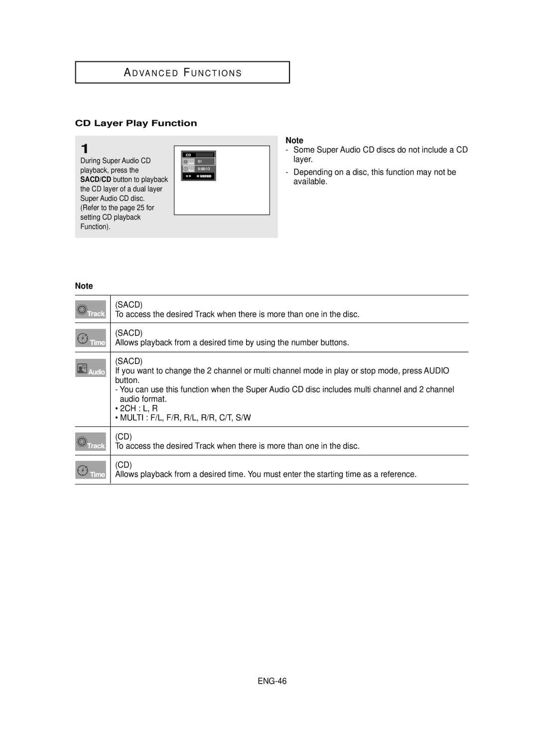 Samsung HD950 manual CD Layer Play Function, During Super Audio CD Playback, press 