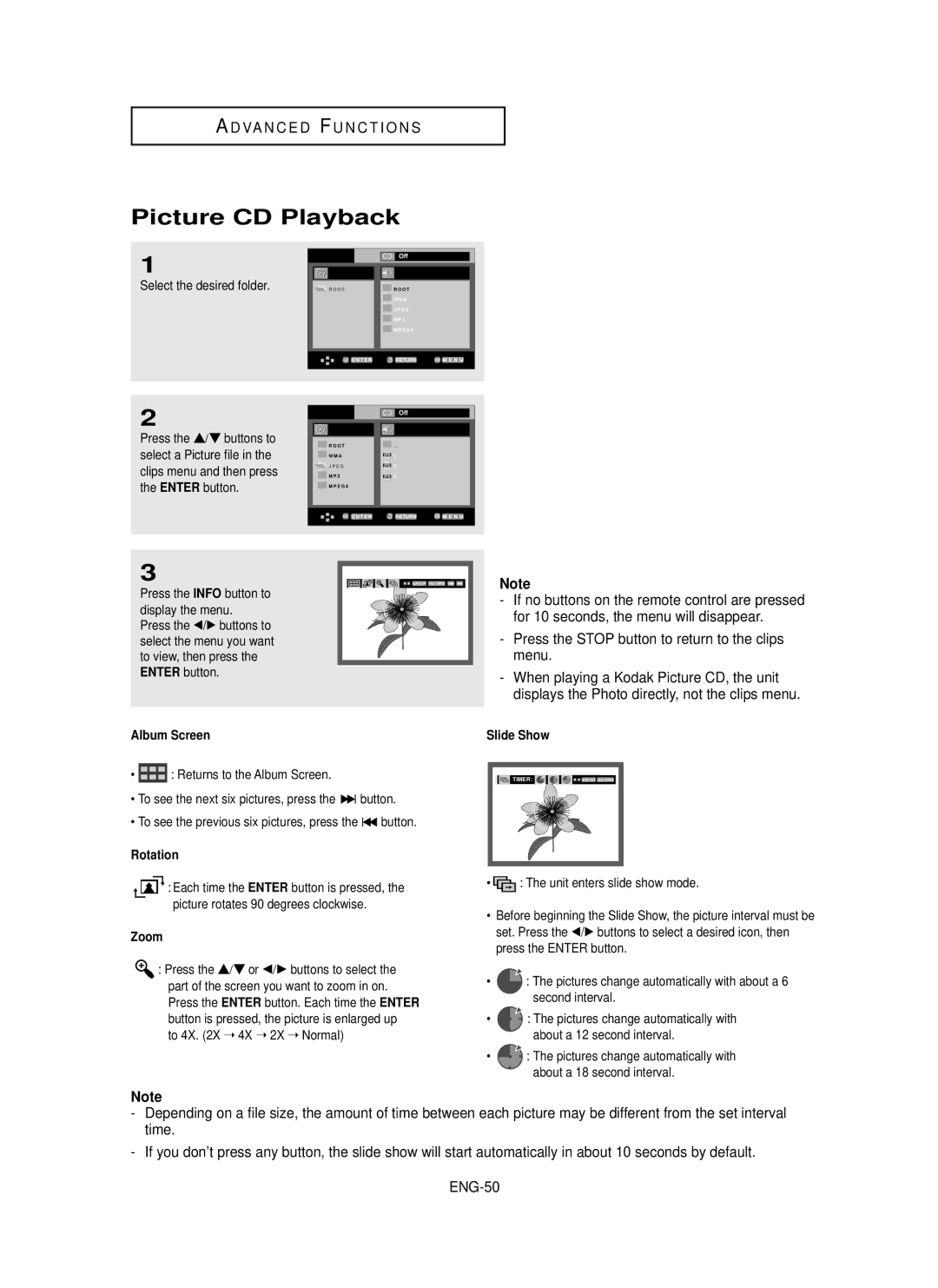 Samsung HD950 Picture CD Playback, Press the Stop button to return to the clips menu, Album Screen Slide Show, Rotation 