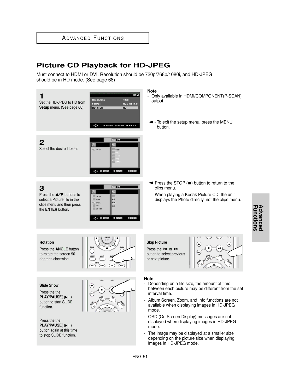 Samsung HD950 manual Picture CD Playback for HD-JPEG, To exit the setup menu, press the Menu Button, Clips menu, ENG-51 