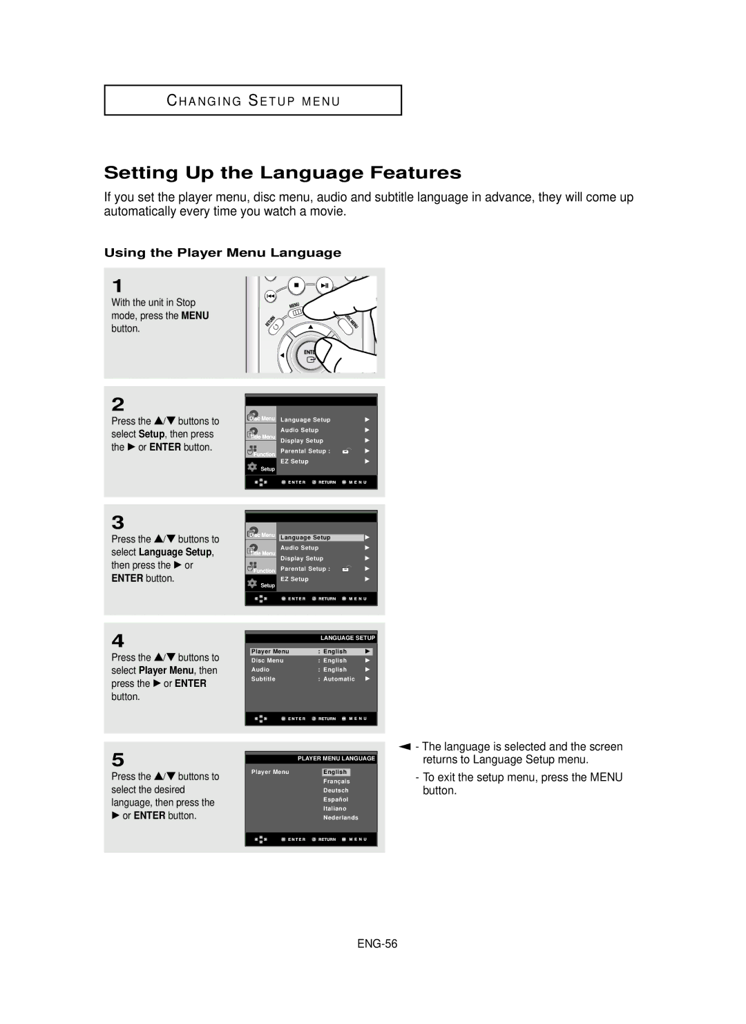 Samsung HD950 Setting Up the Language Features, Using the Player Menu Language, Select Language Setup, √ or Enter button 