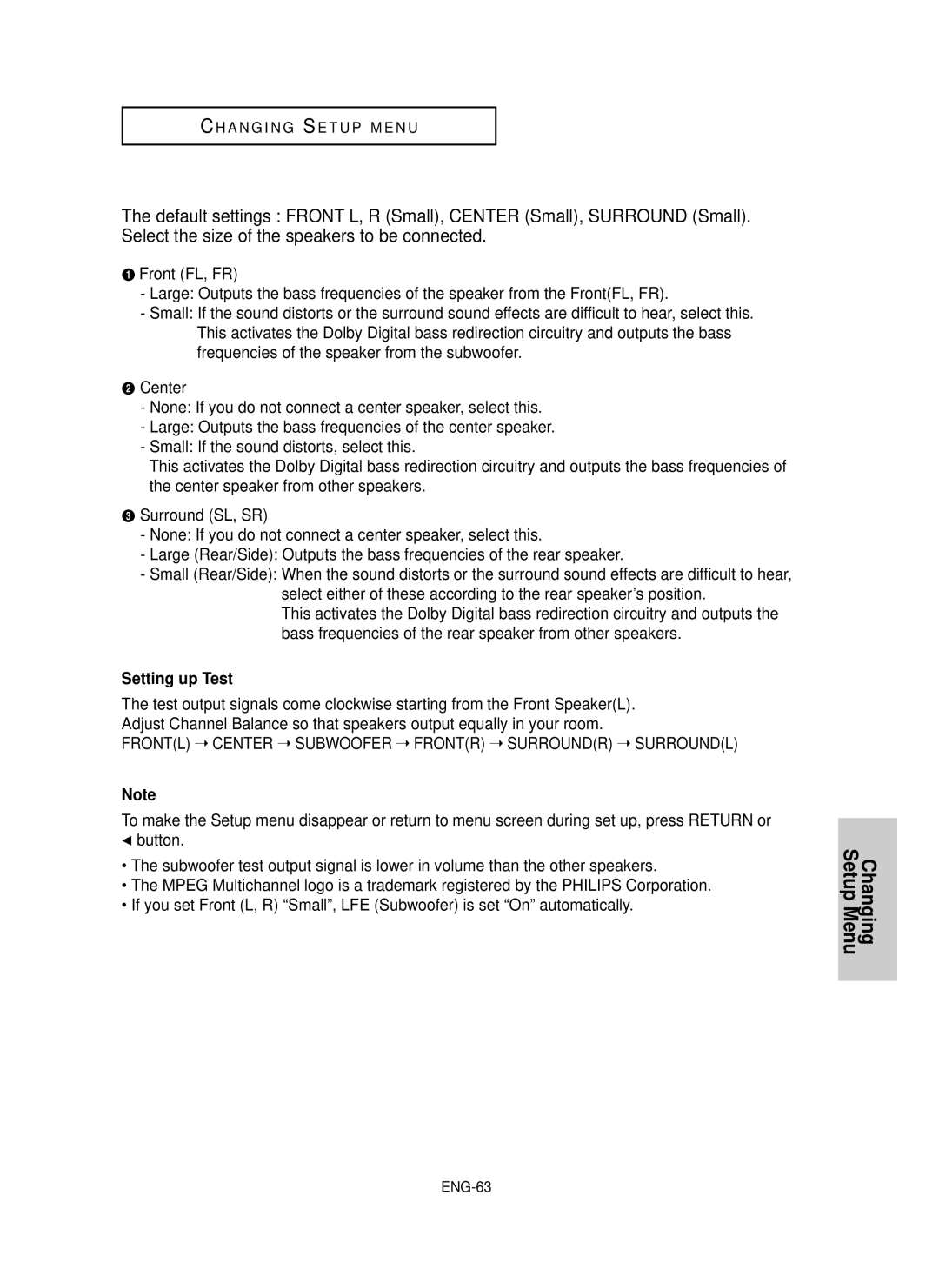 Samsung HD950 manual Setting up Test, ENG-63 