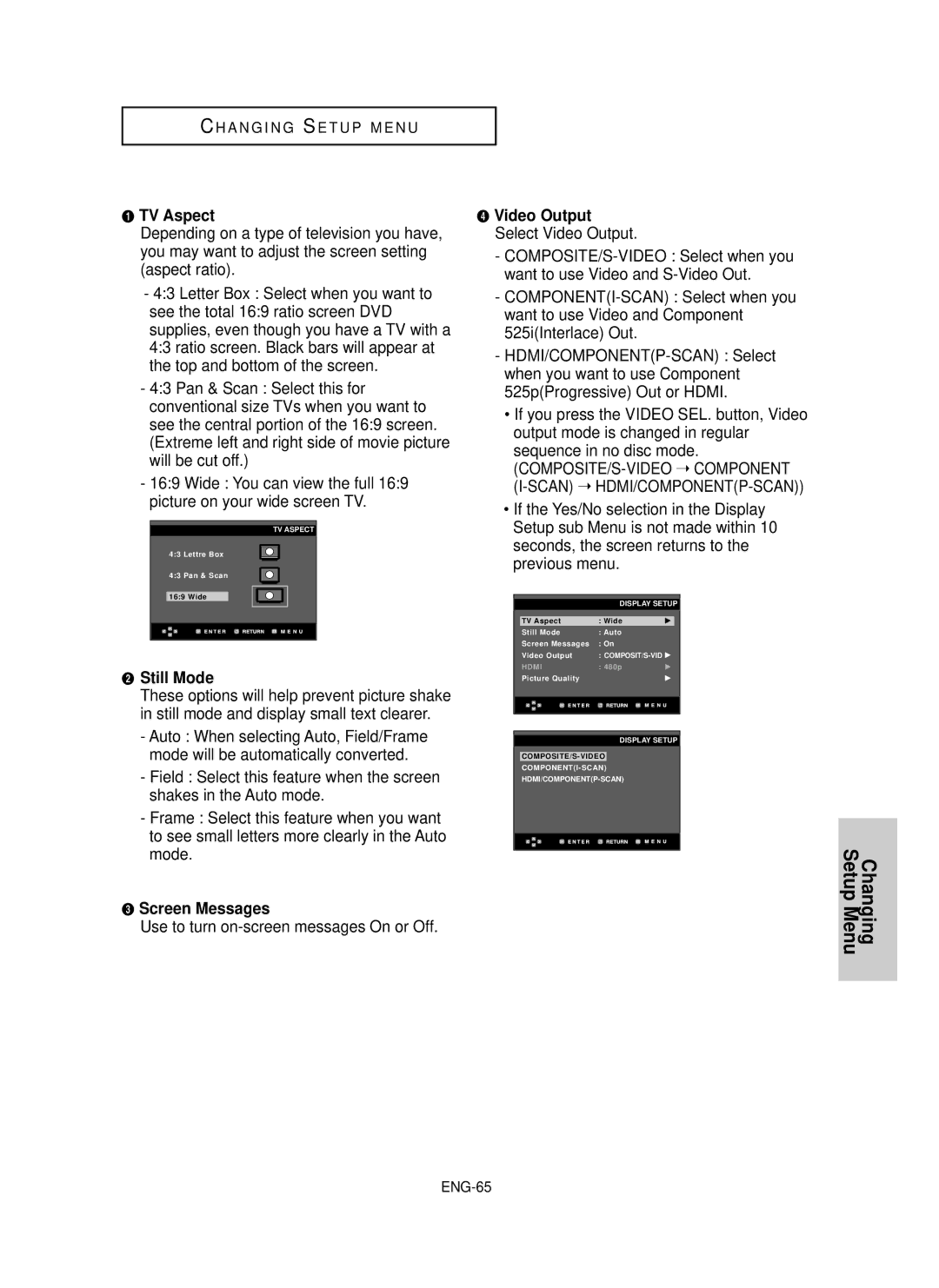 Samsung HD950 TV Aspect, ´ Still Mode, Screen Messages, Use to turn on-screen messages On or Off, Sequence in no disc mode 