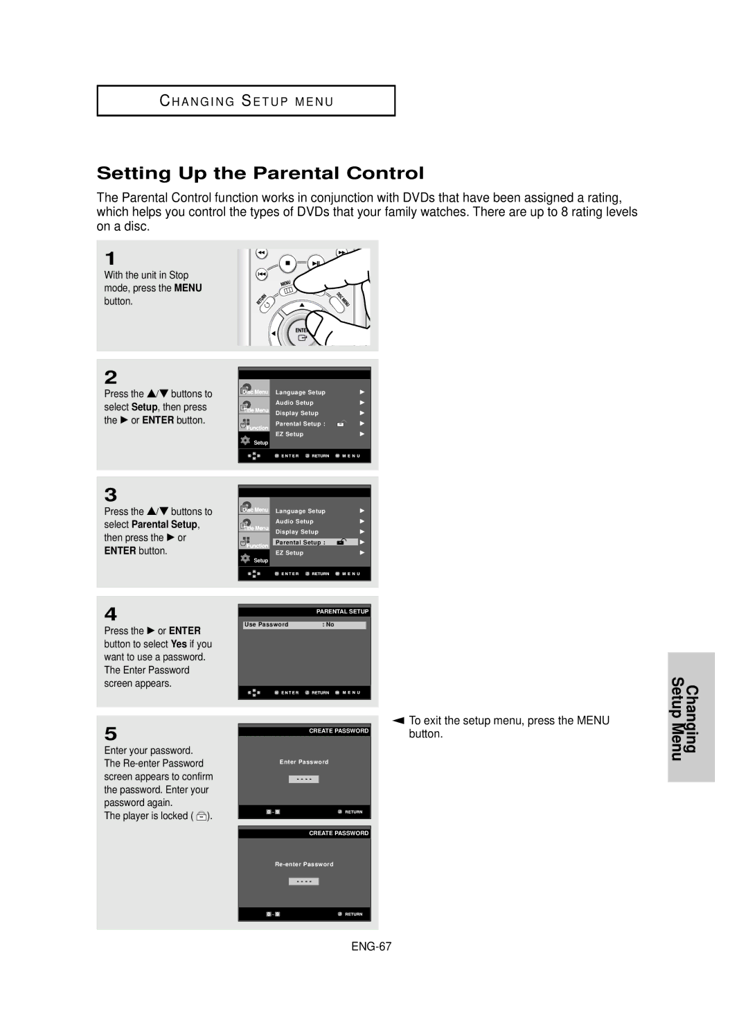 Samsung HD950 manual Setting Up the Parental Control, ENG-67 