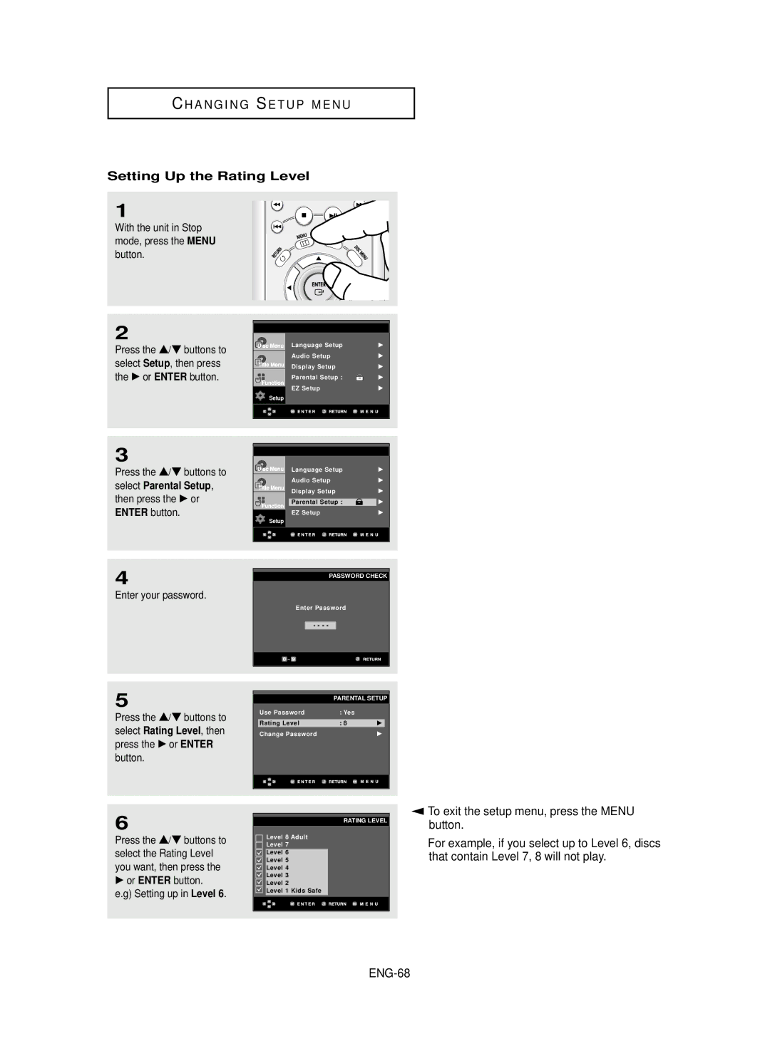 Samsung HD950 manual Setting Up the Rating Level, ENG-68, …/† buttons to, √ or Enter button 