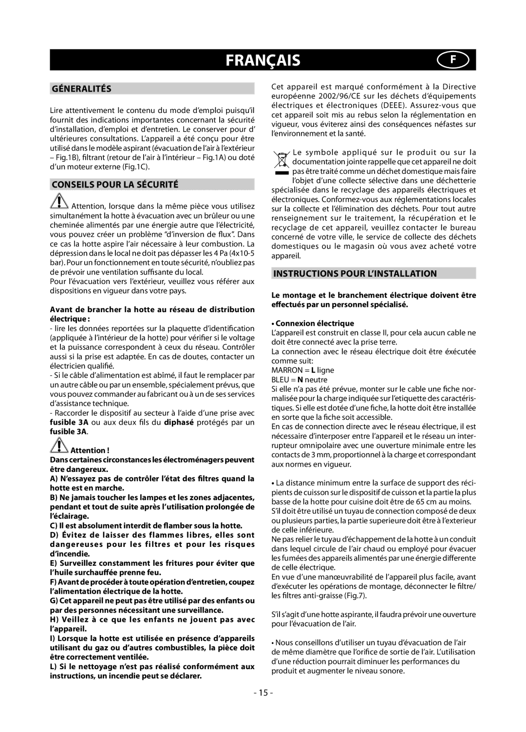 Samsung HDC6145BX/BWT manual Françaisf, Géneralités, Conseils Pour LA Sécurité, Instructions Pour L’INSTALLATION 