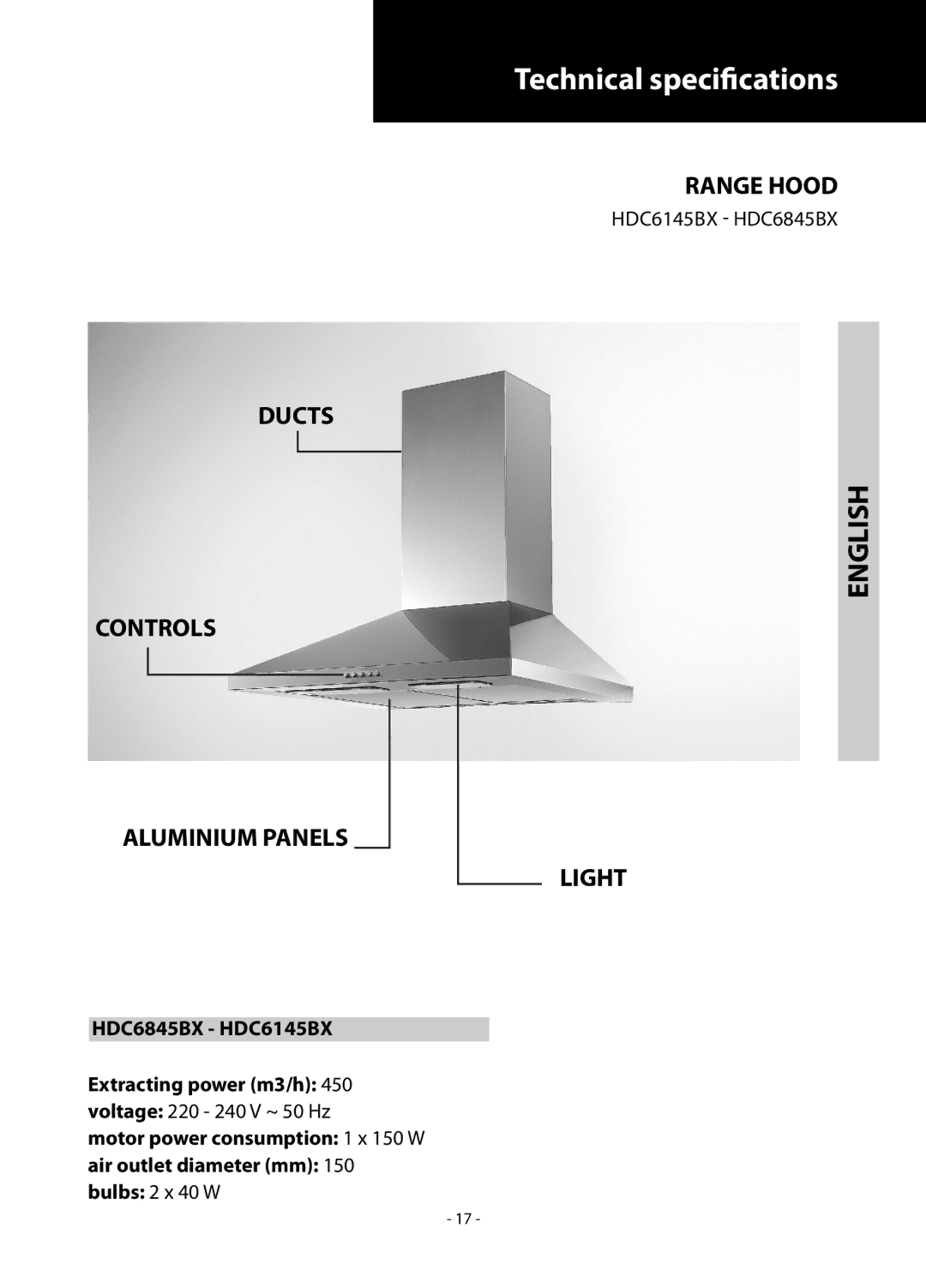 Samsung HDC6145BX/BWT manual Technical specifications, Ducts Controls Aluminium Panels, Range Hood, Light 