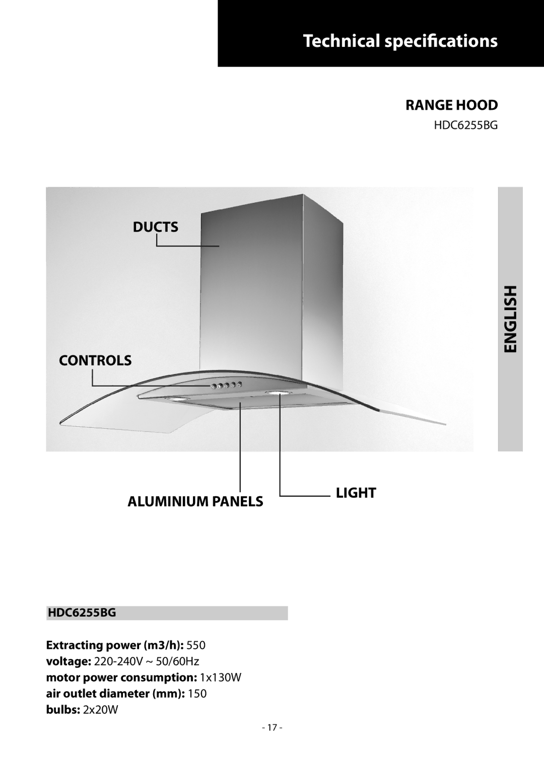 Samsung HDC6255BG/AND, HDC6255BG/BWT manual Ducts Controls Aluminium Panels, Range Hood, Light 