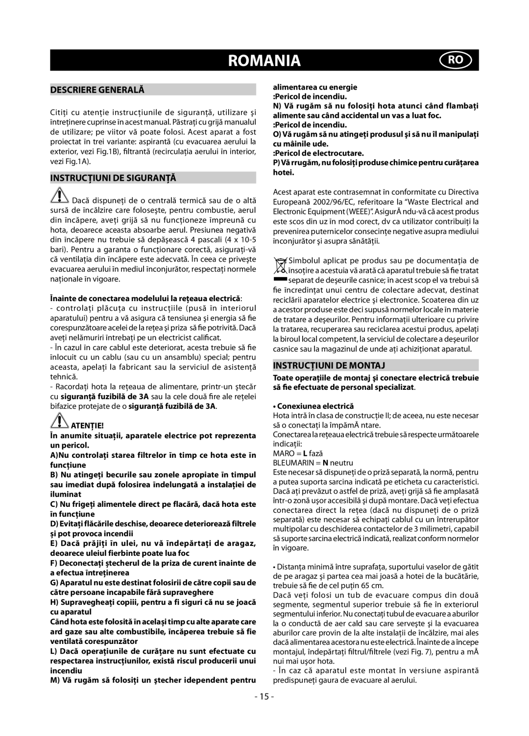 Samsung HDC6255BG/BOL, HDC6255BG/SLI manual Romaniaro, Descriere Generală, Instrucţiuni DE Siguranţă, Instrucţiuni DE Montaj 