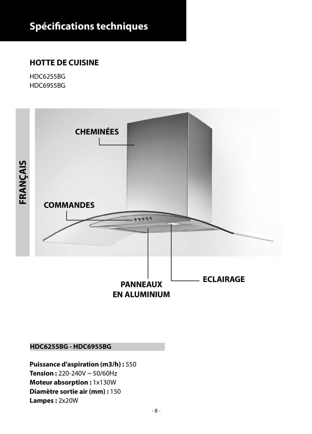 Samsung HDC6255BG/XEH, HDC6255BG/BOL, HDC6255BG/SLI manual Spécifications techniques, Français 