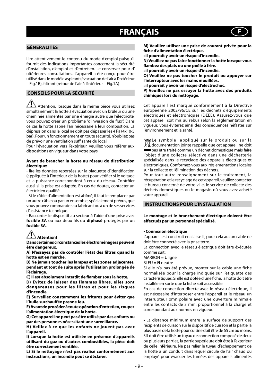 Samsung HDC6255BG/BOL, HDC6255BG/SLI Françaisf, Géneralités, Conseils Pour LA Sécurité, Instructions Pour L’INSTALLATION 