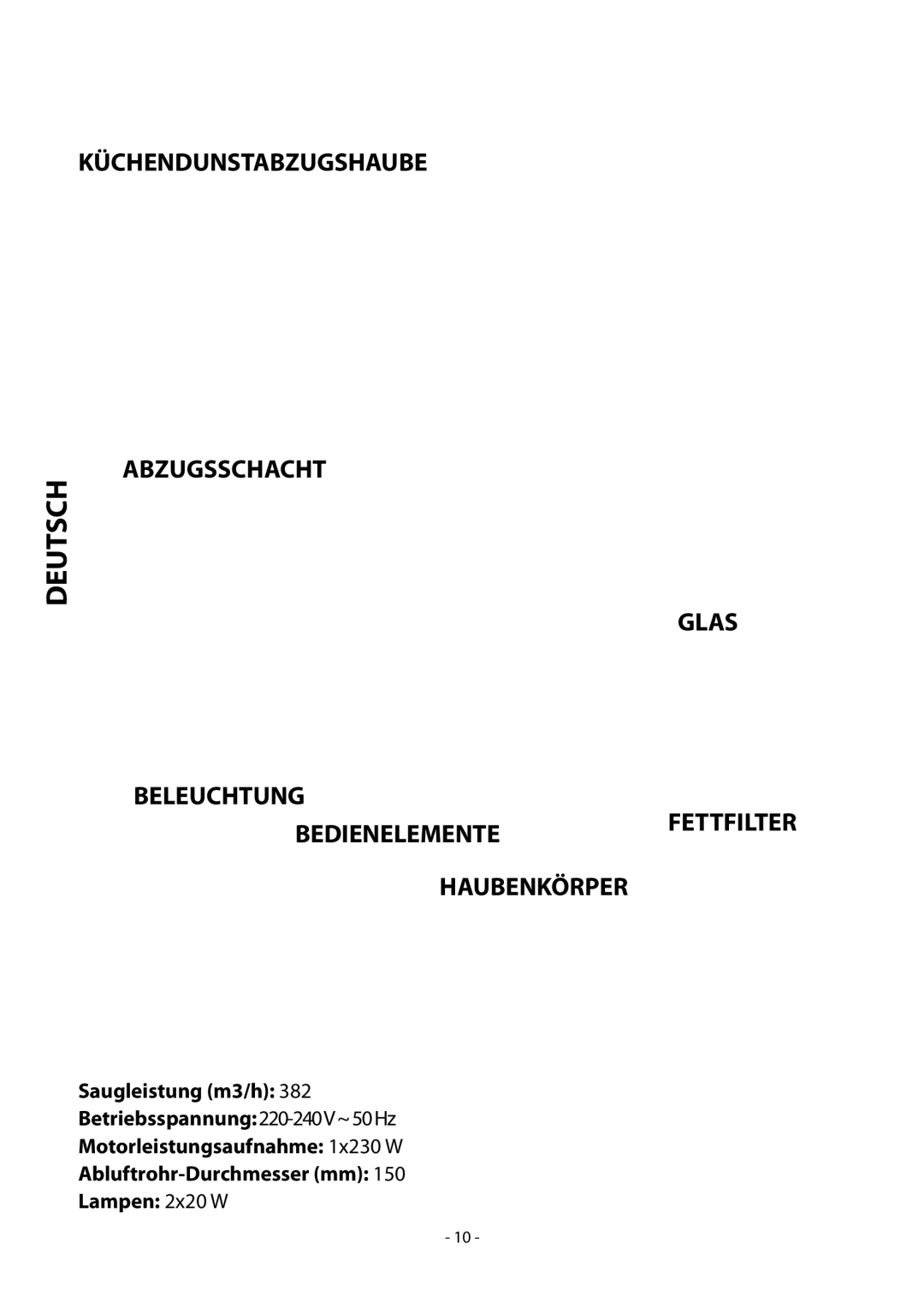 Samsung HDC9147BX/XSA manual Technische Spezifikationen, Küchendunstabzugshaube, Abzugsschacht Deutsch Glas, Fettfilter 