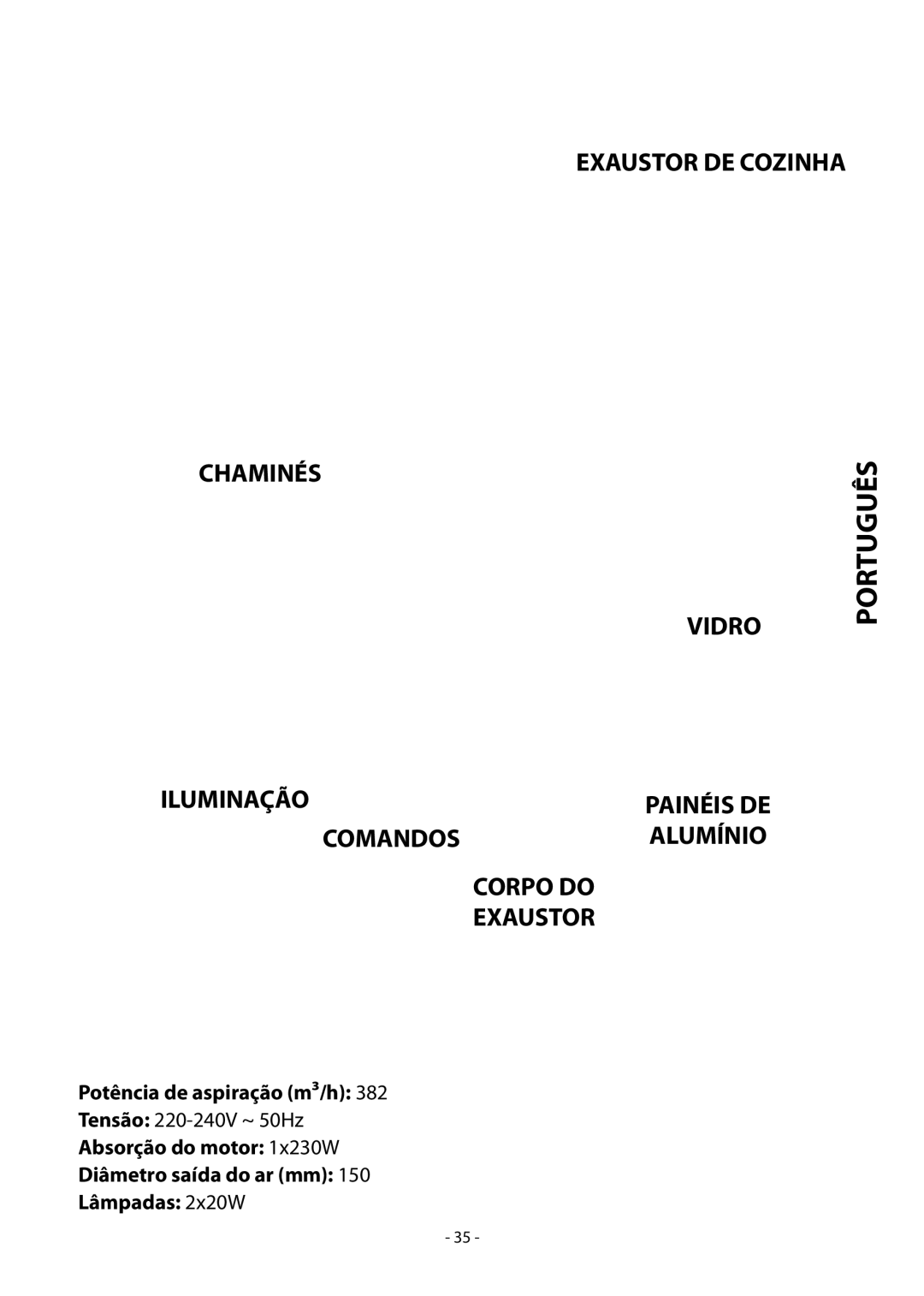 Samsung HDC9147BX/XSA manual Especificações Técnicas, Português, Exaustor DE Cozinha, Corpo 