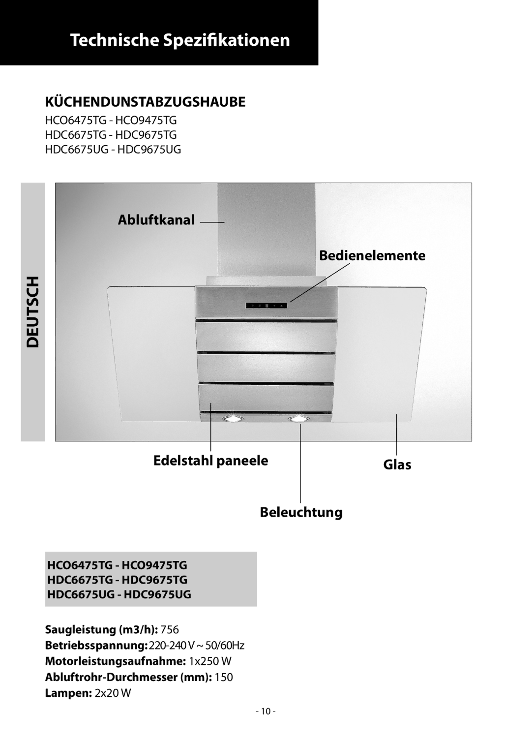 Samsung HCO6475TG/XEF, HDC9475TG/XEO, HDC6475TG/XEO, HCO9475TG/XEF, HDC9475TG/XEF manual Technische Spezifikationen, Deutsch 