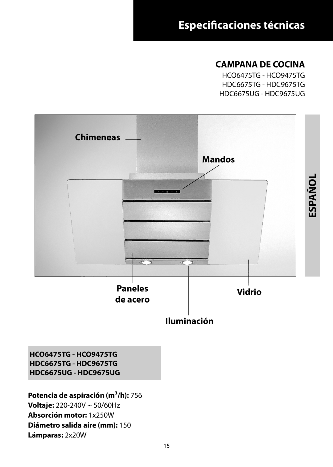 Samsung HDC9475TG/XEF, HDC9475TG/XEO manual Especificaciones técnicas, Español, Chimeneas Mandos, Vidrio, Iluminación 