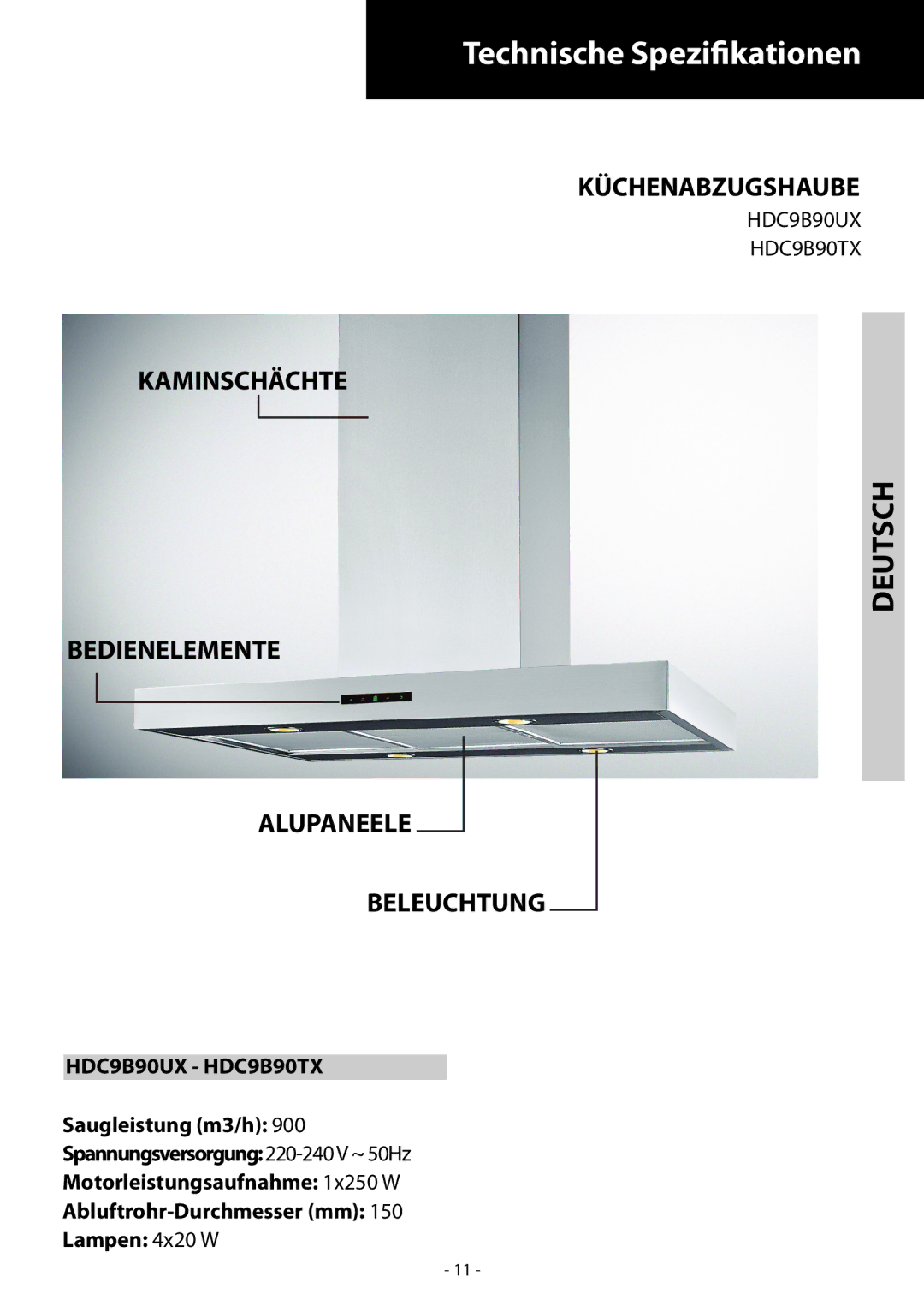 Samsung HDC9B90TX/EUR manual Technische Spezifikationen, Deutsch, Küchenabzugshaube, Kaminschächte 