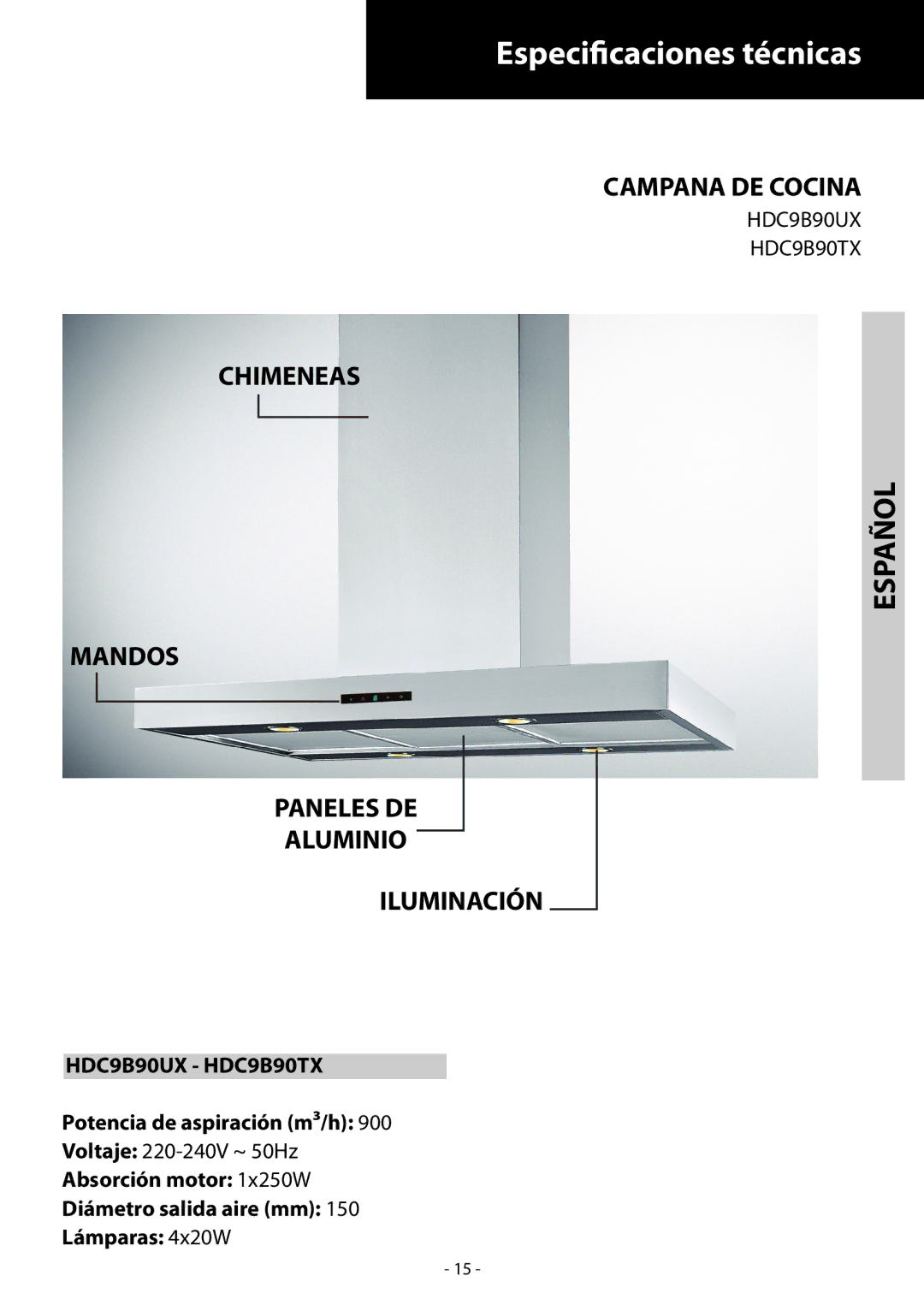 Samsung HDC9B90TX/EUR manual Especificaciones técnicas, Español, Campana DE Cocina, Chimeneas 