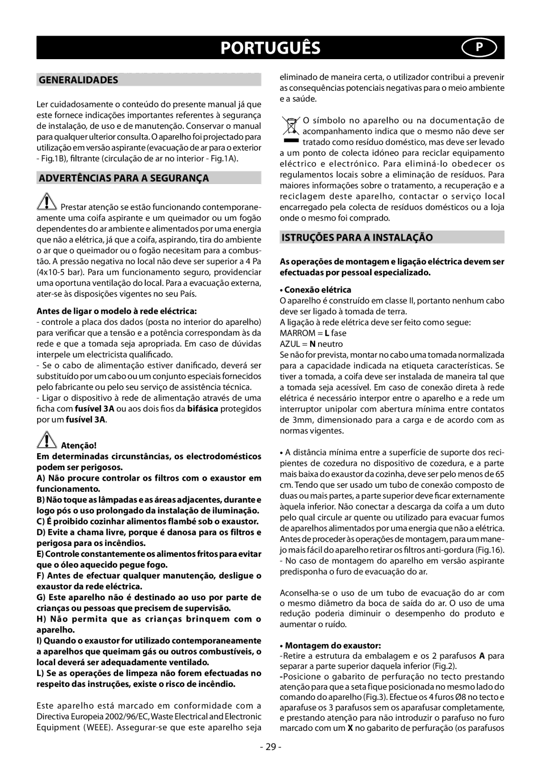 Samsung HDC9B90TX/EUR manual Portuguêsp, Advertências Para a Segurança, Istruções Para a Instalação, Montagem do exaustor 