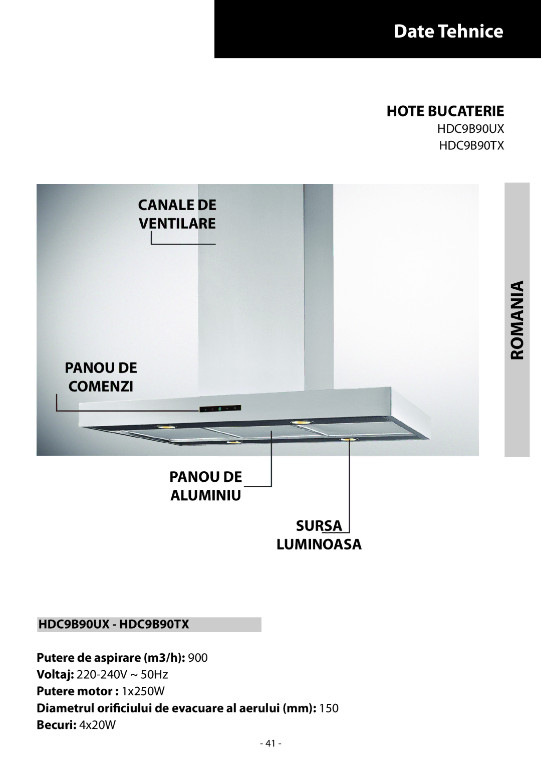 Samsung HDC9B90TX/EUR manual Date Tehnice, Romania, Hote Bucaterie 