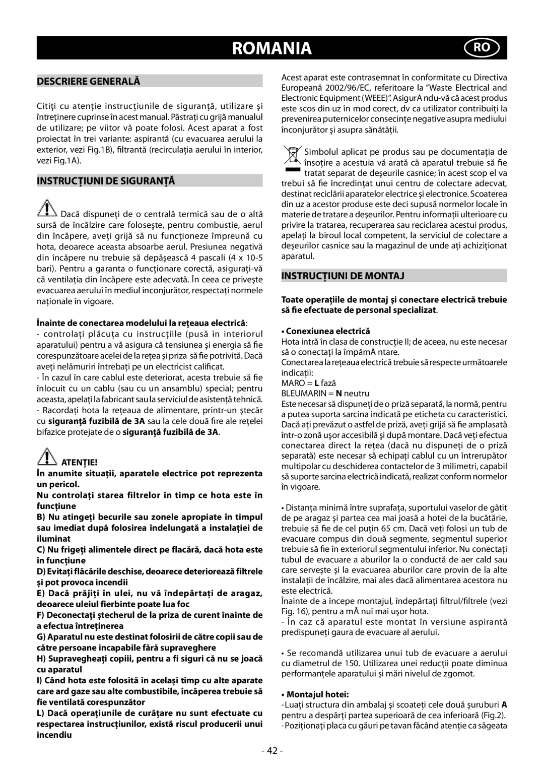 Samsung HDC9B90TX/EUR manual Romaniaro, Descriere Generală, Instrucţiuni DE Siguranţă, Instrucţiuni DE Montaj 