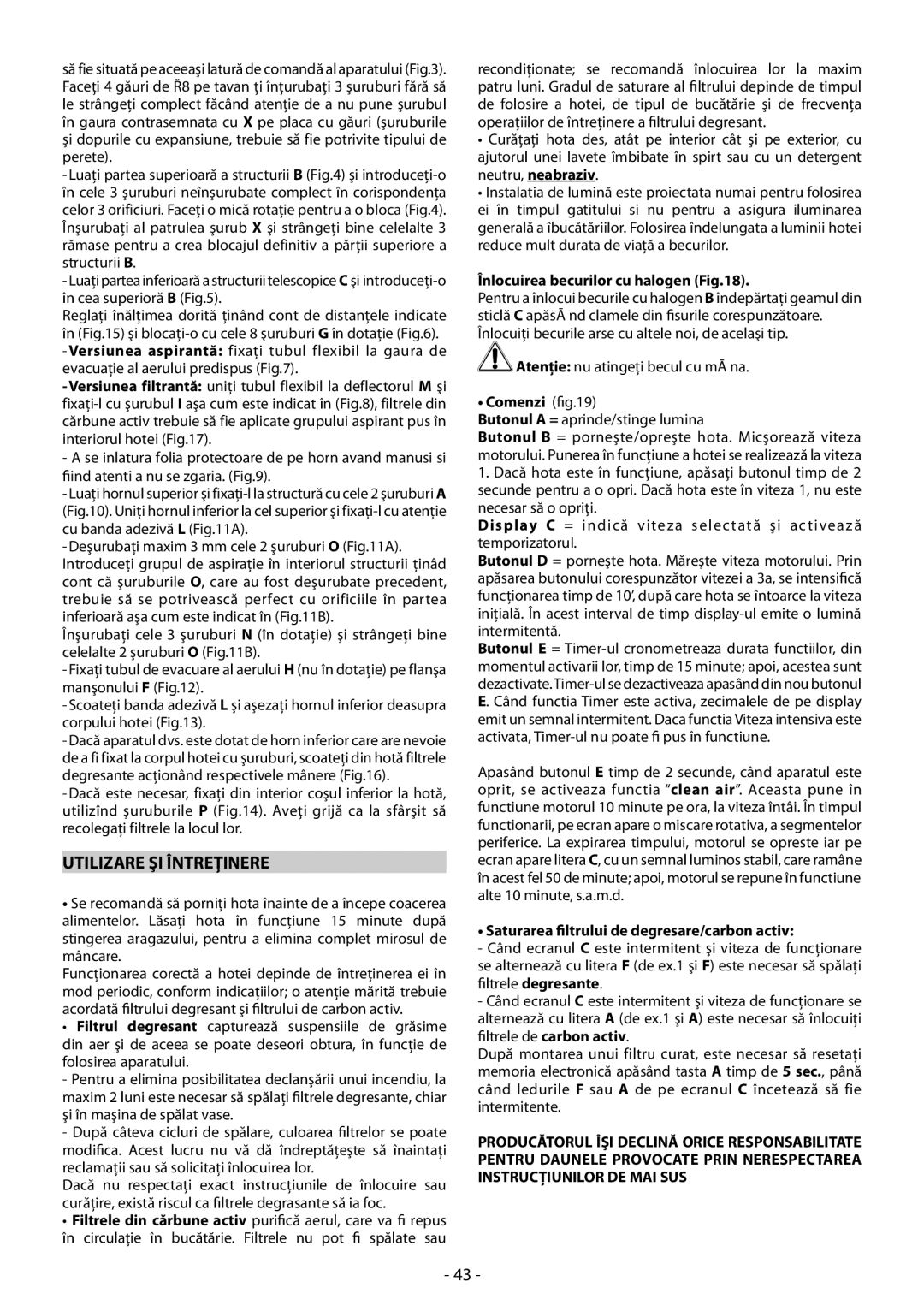 Samsung HDC9B90TX/EUR manual Utilizare ŞI Întreţinere, Înlocuirea becurilor cu halogen, Comenzi 