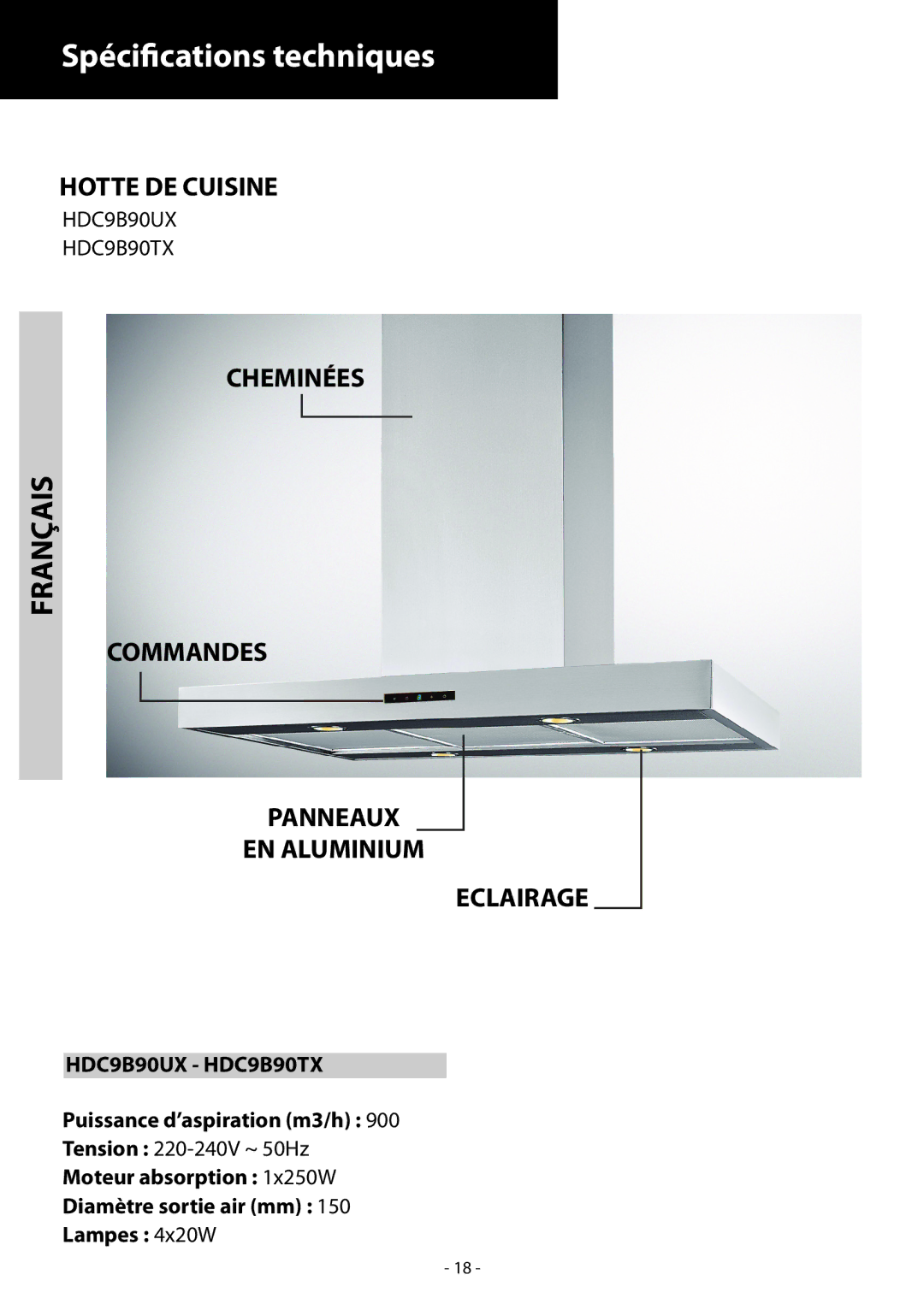 Samsung HDC9B90UX/EUR manual Spécifications techniques, Français, Hotte DE Cuisine, Cheminées 