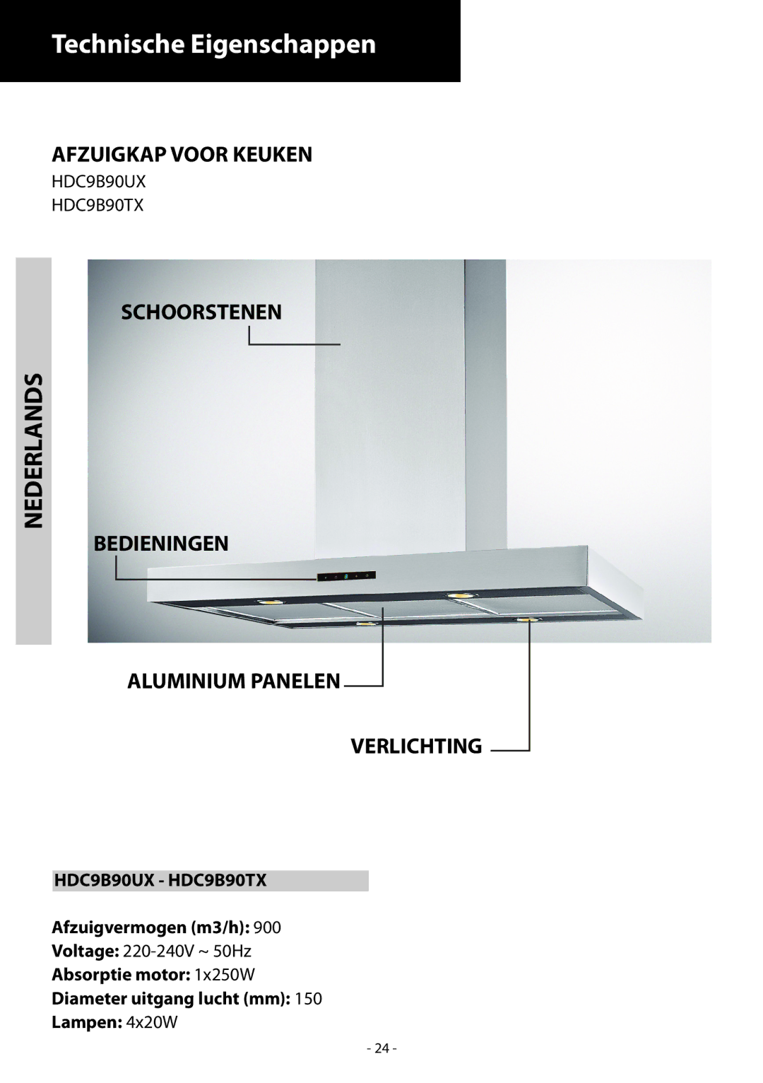 Samsung HDC9B90UX/EUR manual Technische Eigenschappen, Nederlands, Afzuigkap Voor Keuken 