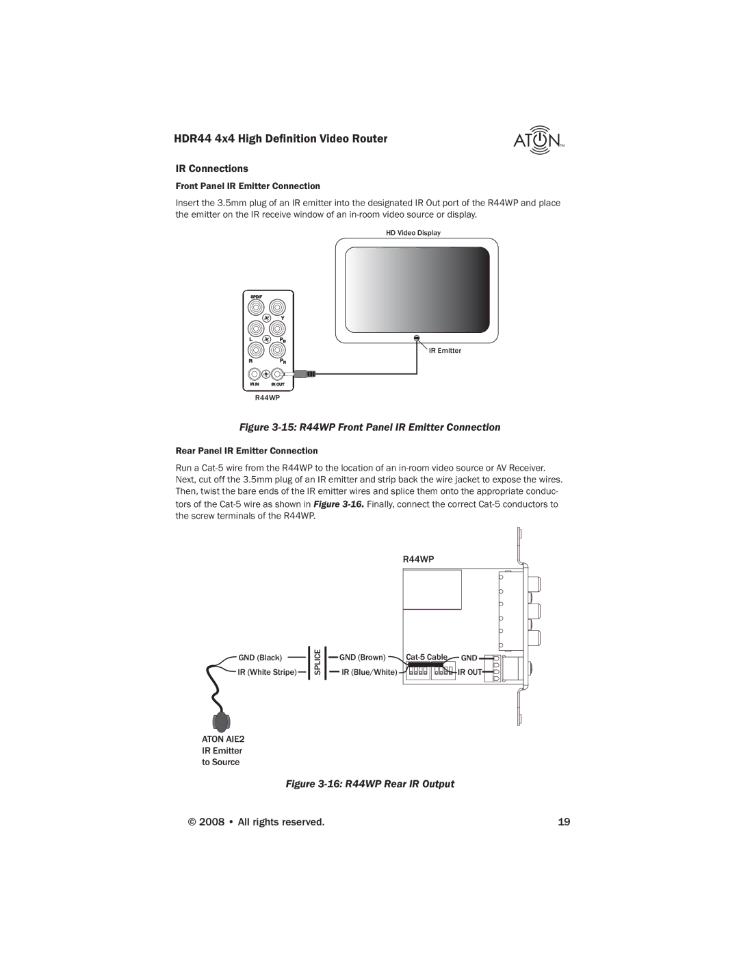 Samsung HDR44 manual IR Connections, 15 R44WP Front Panel IR Emitter Connection 