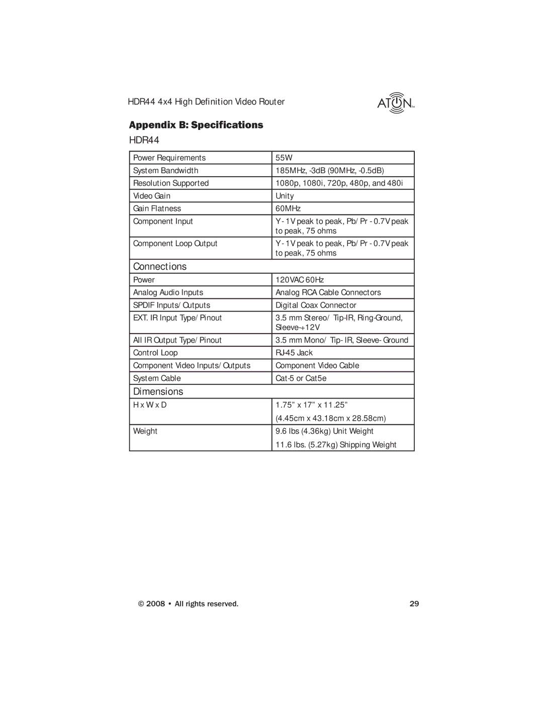 Samsung HDR44 manual Appendix B Specifications, Connections, Dimensions 