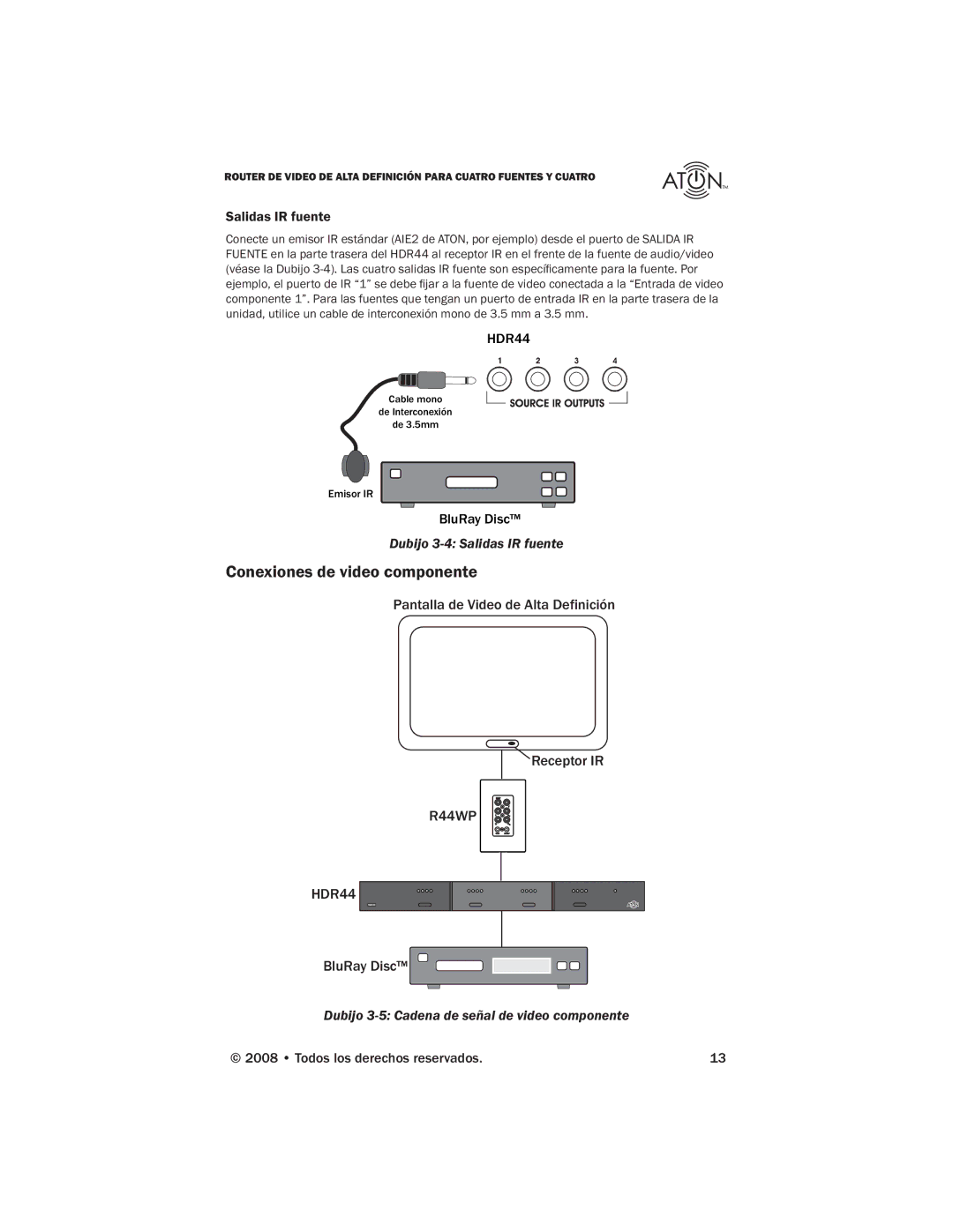 Samsung HDR44 manual Conexiones de video componente, Dubijo 3-4 Salidas IR fuente 