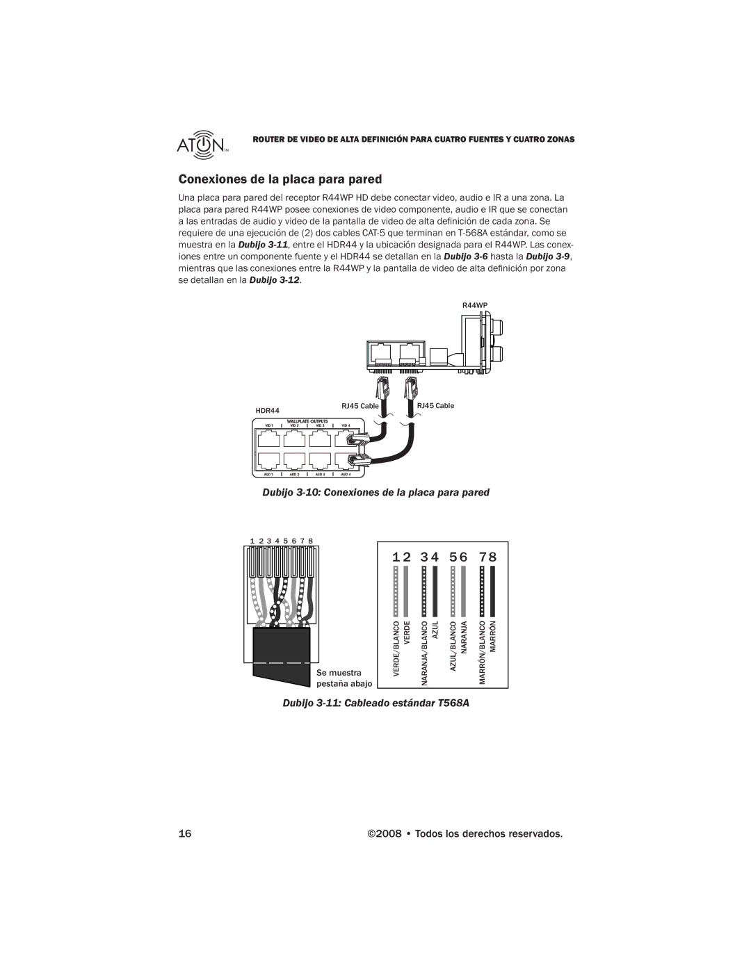 Samsung HDR44 manual 3 4 5 6, Dubijo 3-10 Conexiones de la placa para pared, Dubijo 3-11 Cableado estándar T568A 