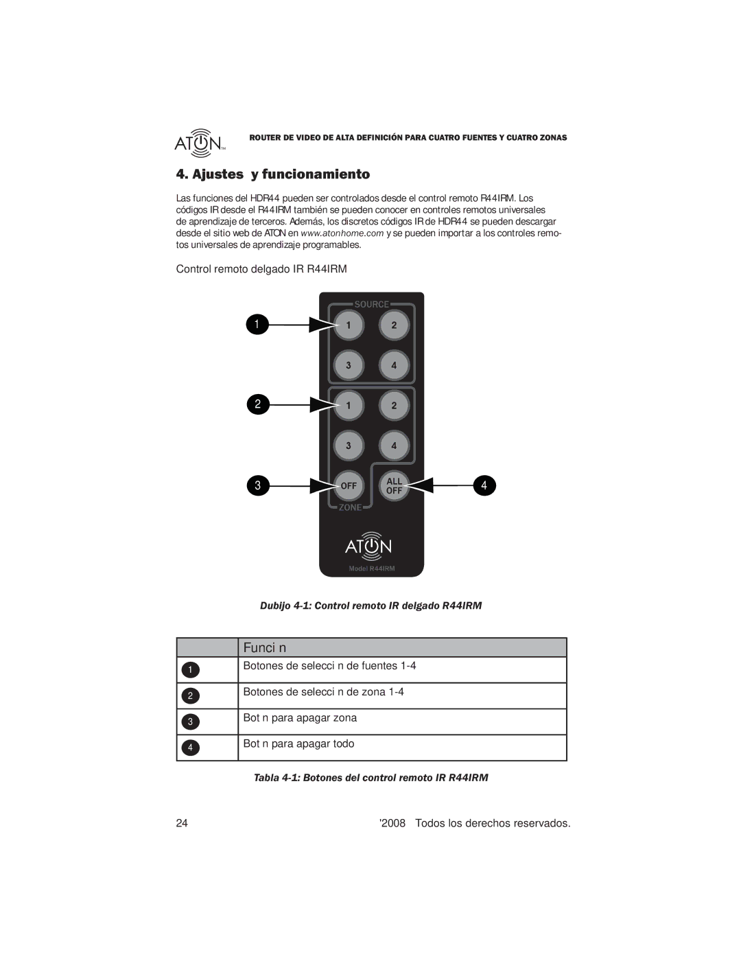 Samsung HDR44 Ajustes y funcionamiento, Control remoto delgado IR R44IRM, Dubijo 4-1 Control remoto IR delgado R44IRM 