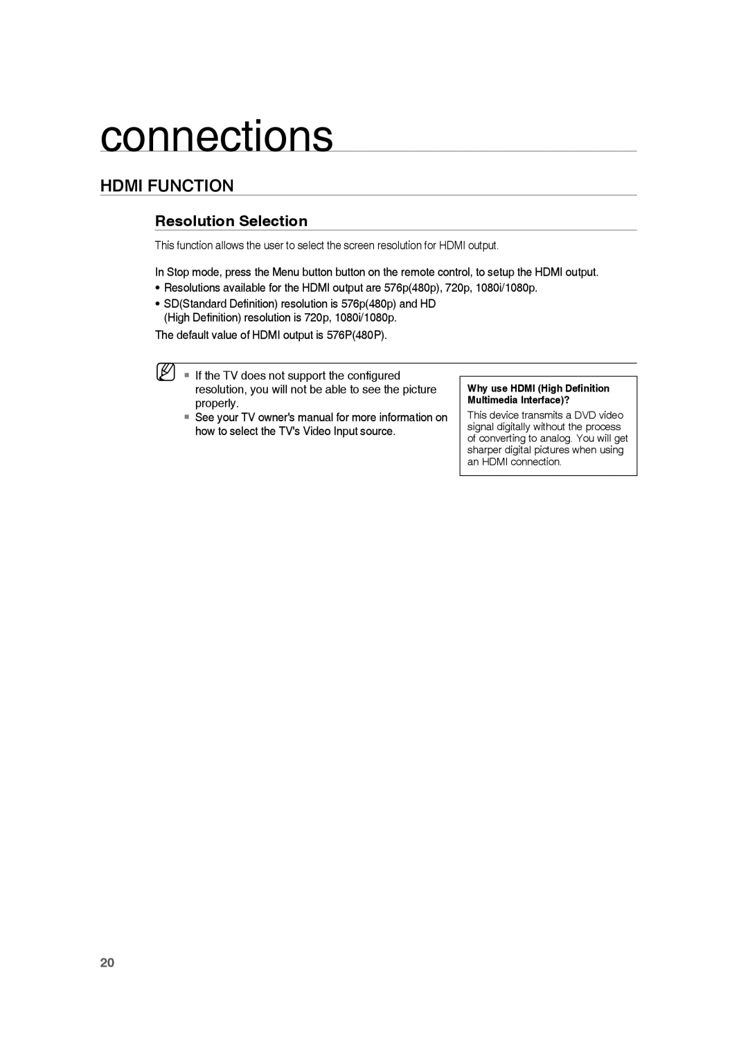 Samsung HE10T user manual Hdmi Function, Resolution Selection, connections 