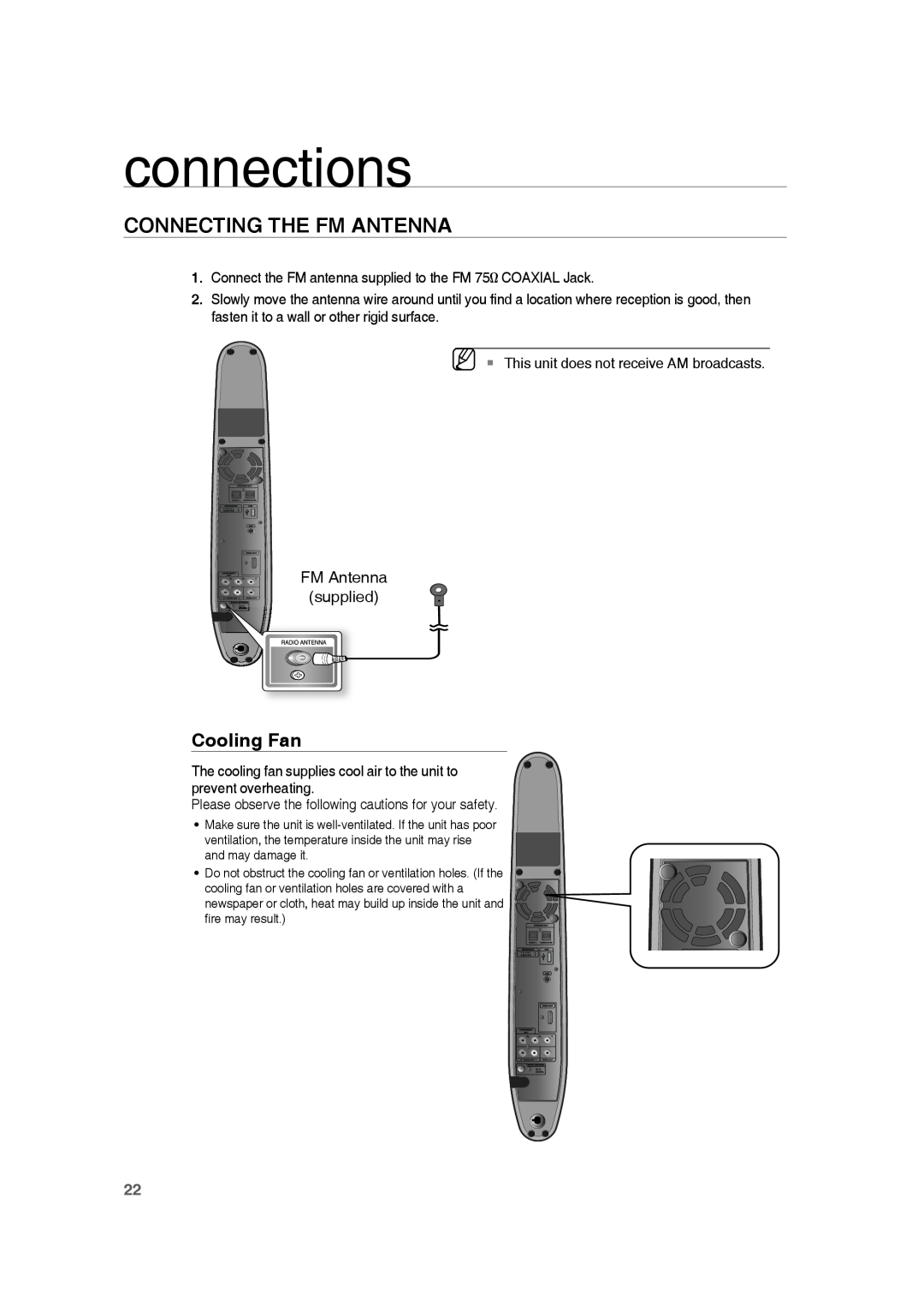 Samsung HE10T user manual Connecting The Fm Antenna, Cooling Fan, connections 