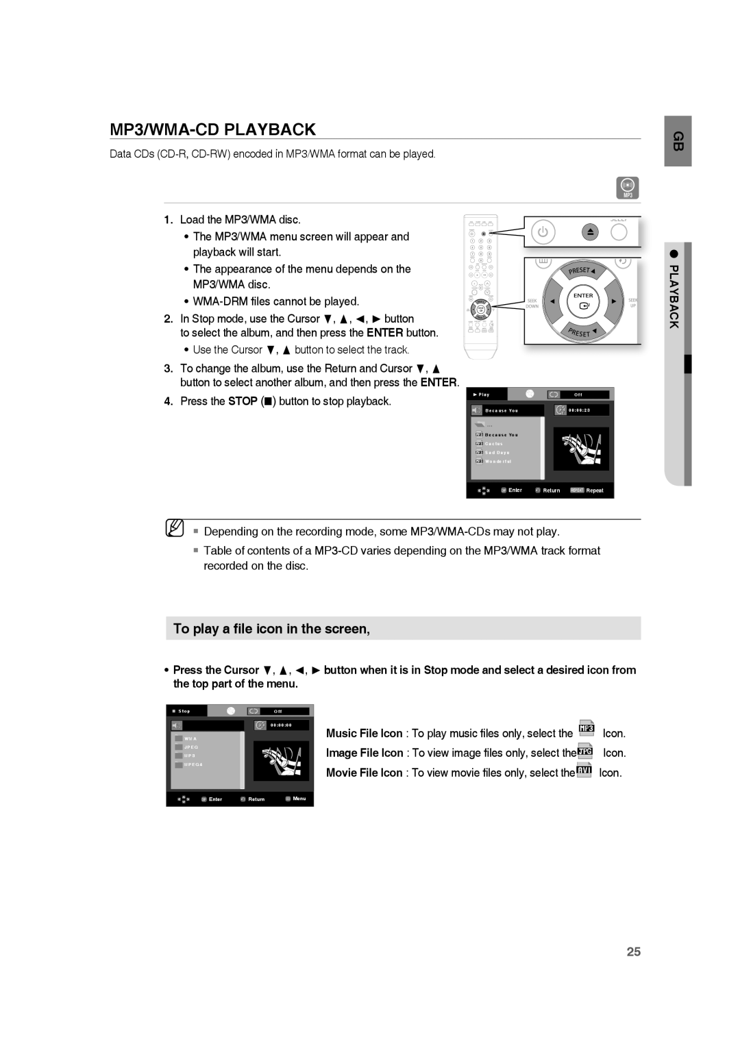 Samsung HE10T user manual MP3/WMA-CDPLAYBACK, To play a ﬁle icon in the screen, Playback 