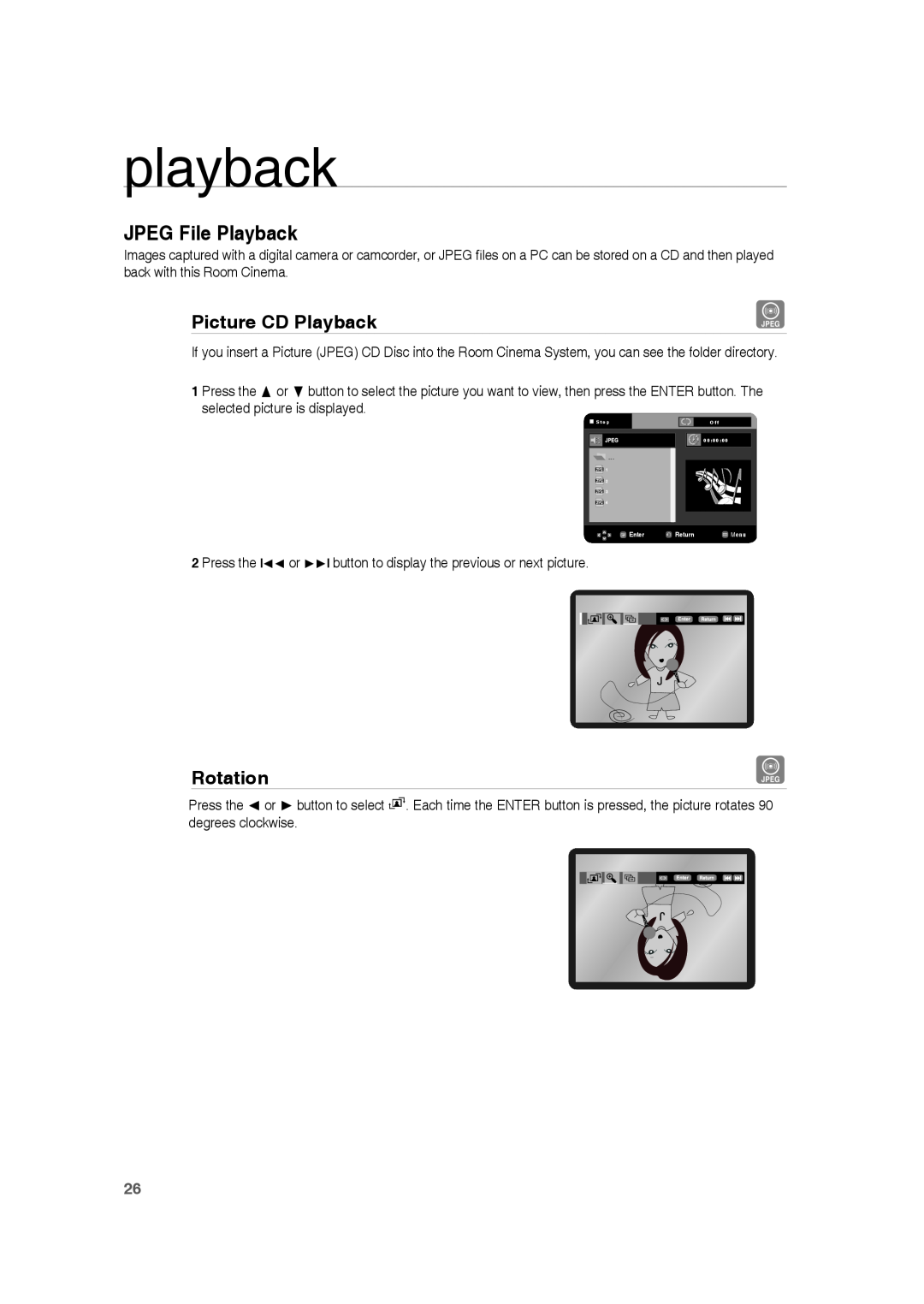 Samsung HE10T user manual JPEG File Playback, Picture CD Playback, Rotation, playback 