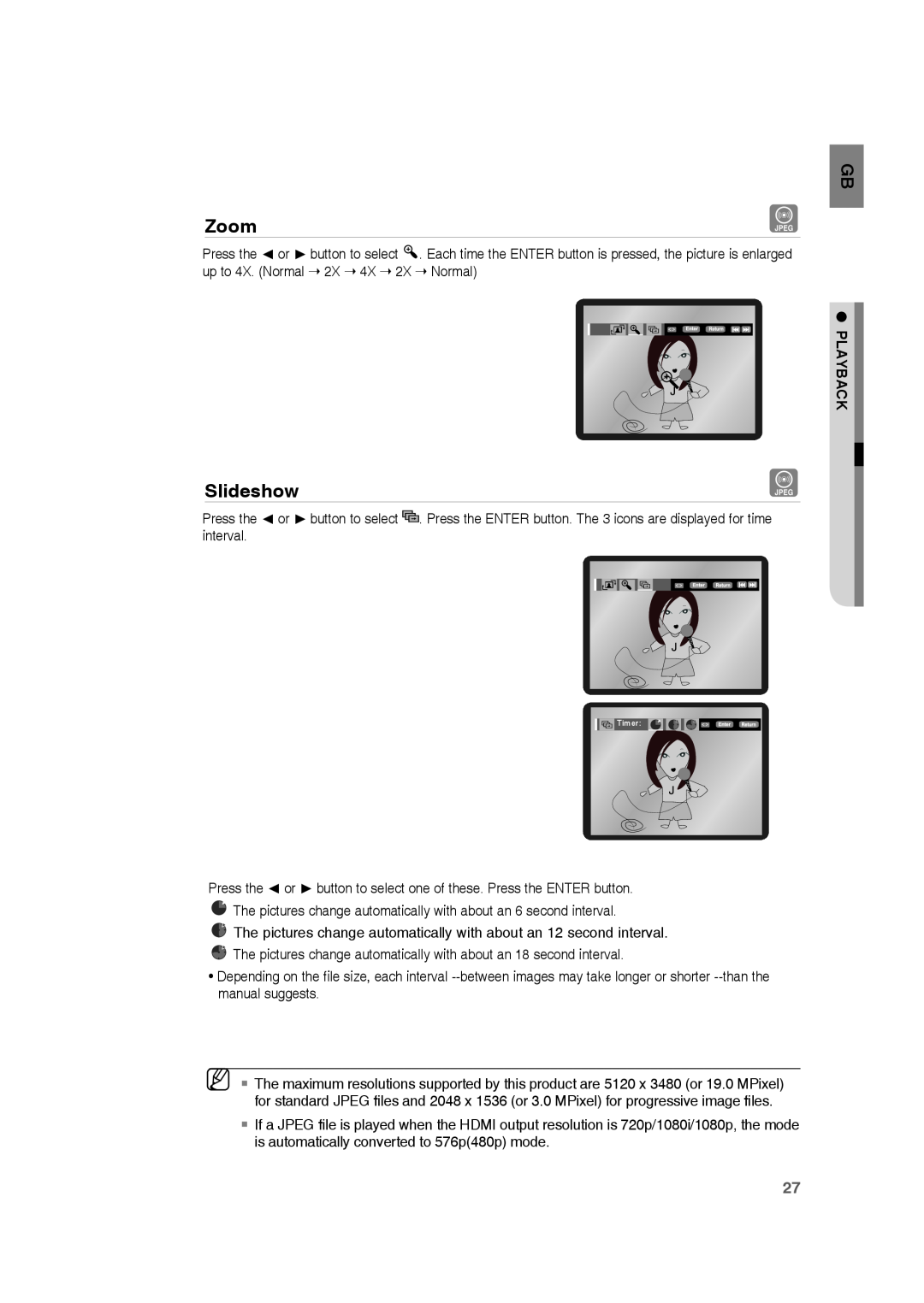 Samsung HE10T user manual Zoom, Slideshow, Playback, Timer 