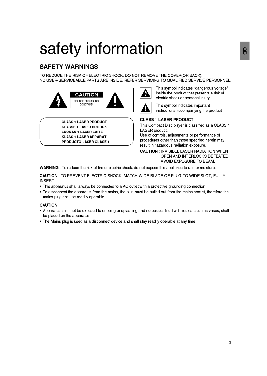 Samsung HE10T user manual safety information, Safety Warnings, This symbol indicates important, CLASS 1 LASER PRODUCT 