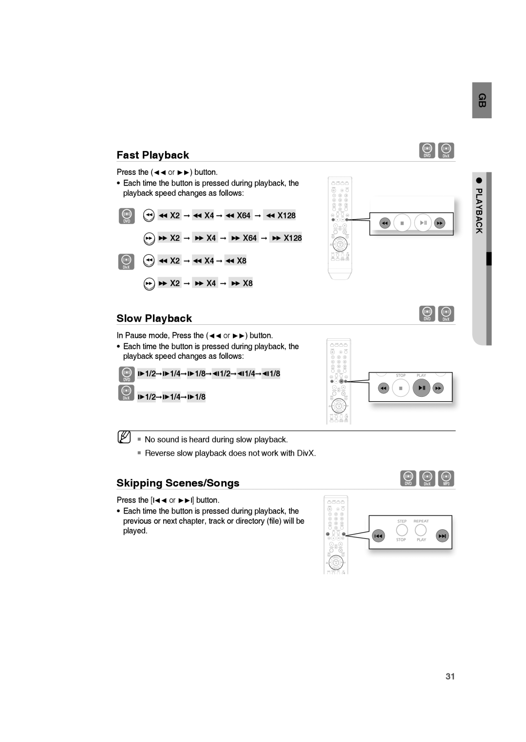 Samsung HE10T user manual D Da, Slow Playback, Skipping Scenes/Songs, Fast Playback,  X2  X4  X64   X2  X4  X64  