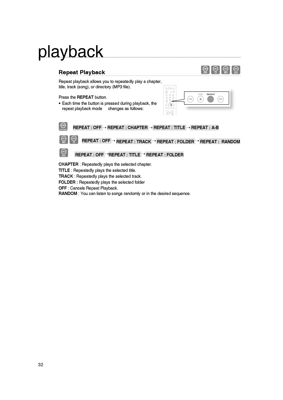 Samsung HE10T user manual Repeat Playback, playback, Drepeat Off Repeat Title Repeat Folder 