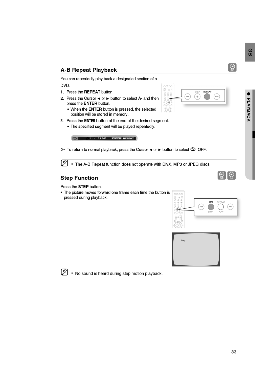 Samsung HE10T user manual A-BRepeat Playback, Step Function 