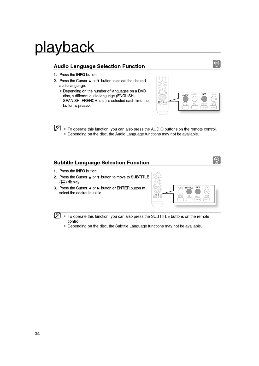 Samsung HE10T user manual Audio Language Selection Function, Subtitle Language Selection Function, playback 
