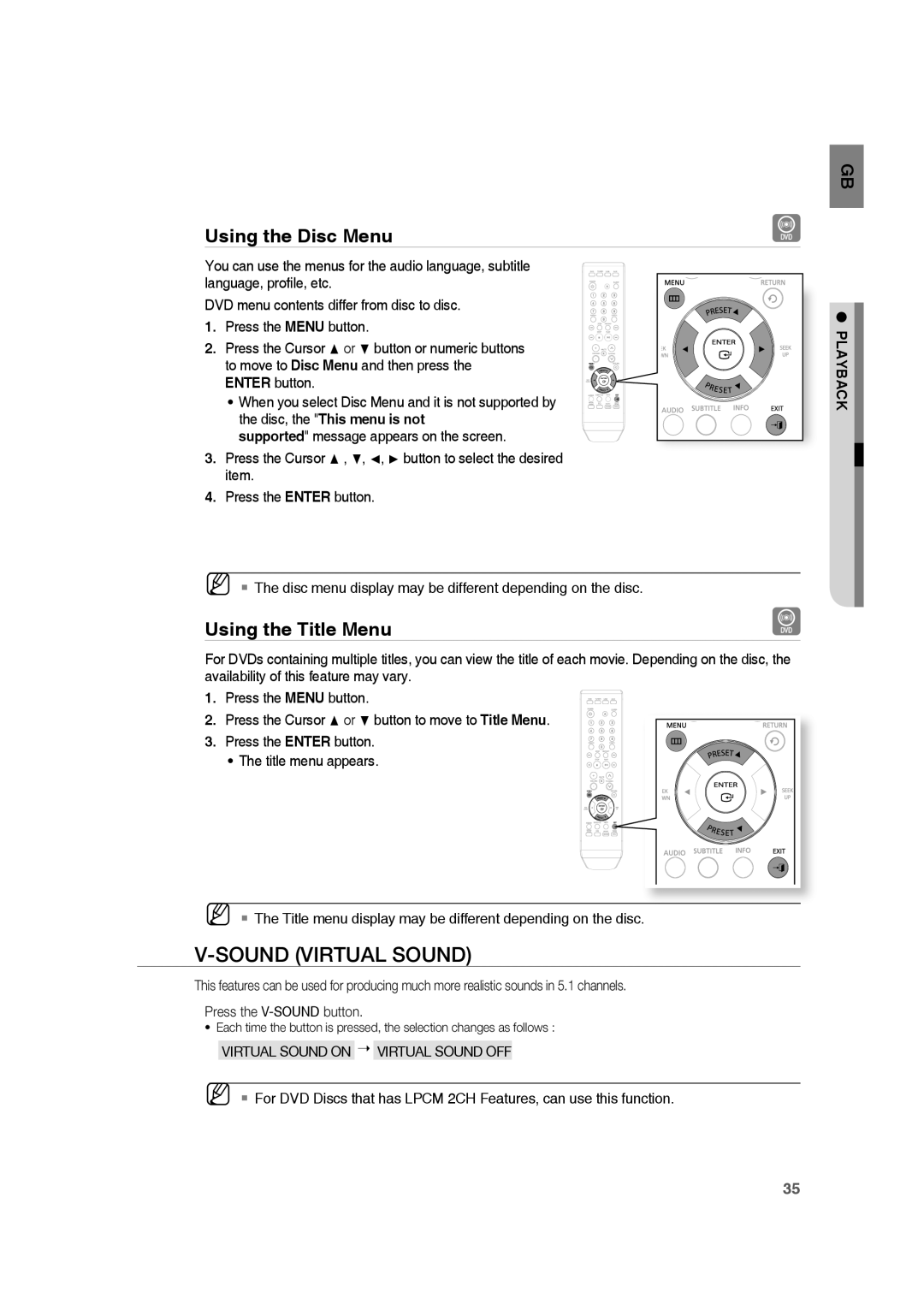 Samsung HE10T user manual V-Soundvirtual Sound, Using the Disc Menu, Using the Title Menu, Playback 