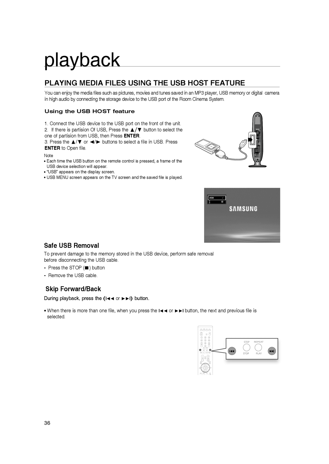 Samsung HE10T user manual Playing Media Files Using The Usb Host Feature, Safe USB Removal, Skip Forward/Back, playback 